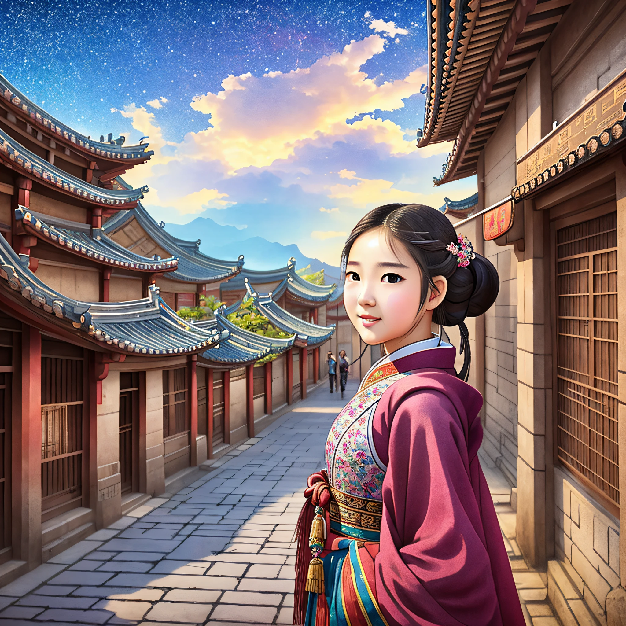Kpop idol: 1.2, mix4, 1 Korean girl, 14 years old, (light eyebrows: 1.4), shiny brown eyes, bun head, tied two braids, ancient city, Chinese temple, high mountain, beautiful detail sky, street (crowd:1.2), night, (nose blush), hanfu, happy, smile