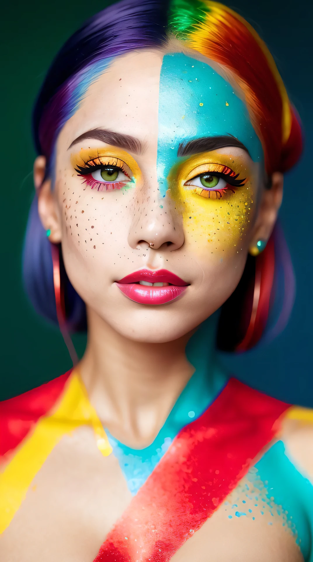 beautiful extra small lady, freckles, brilliant glitter makeup, (red and blue and yellow and green and vitiligo skin: 1.5), perfect sexy breasts, hyperdetailed photography, soft light, head and breast portrait, cover,, best quality, (detailed beautiful face, detail skin texture, ultra-detailed body:1.1)