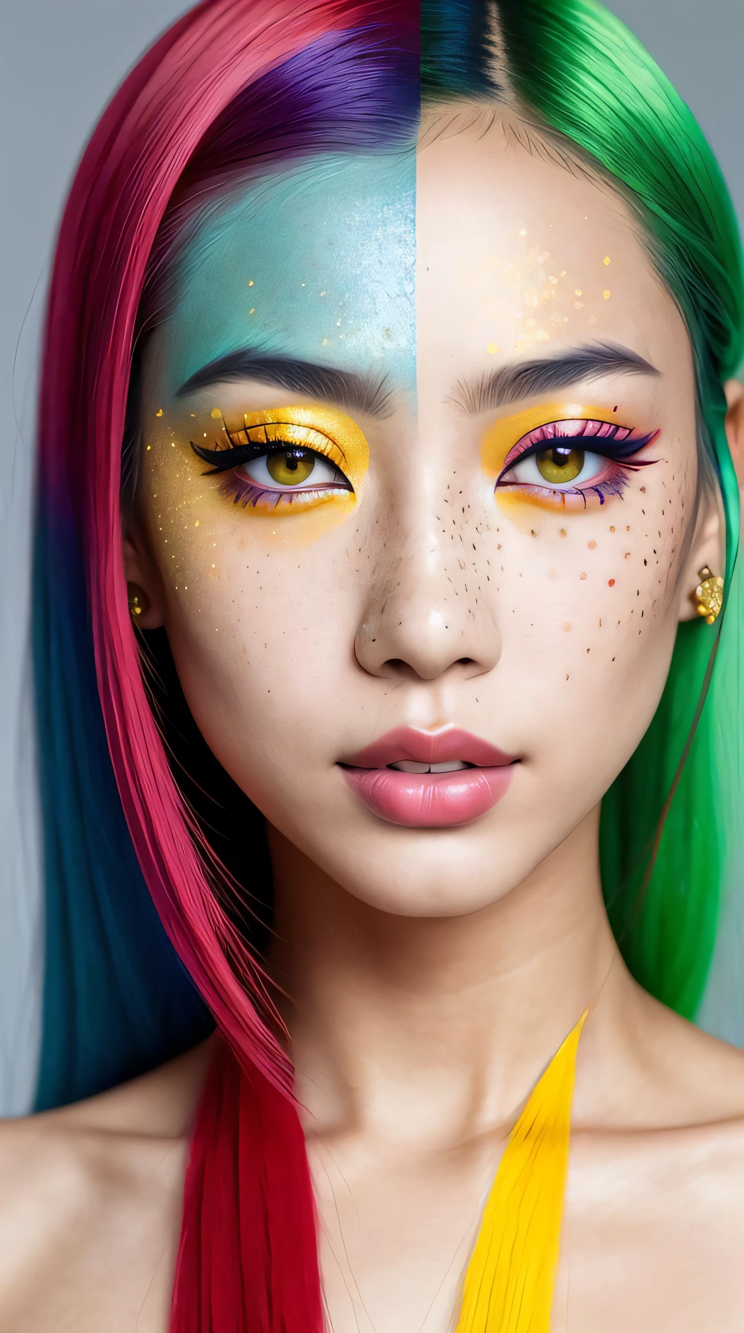 beautiful asian lady, freckles, brilliant glitter makeup, (red and blue and yellow and green and vitiligo skin: 1.5), perfect sexy breasts, hyperdetailed photography, soft light, head and breast portrait, cover,, best quality, (detailed beautiful face, detail skin texture, ultra-detailed body:1.1)