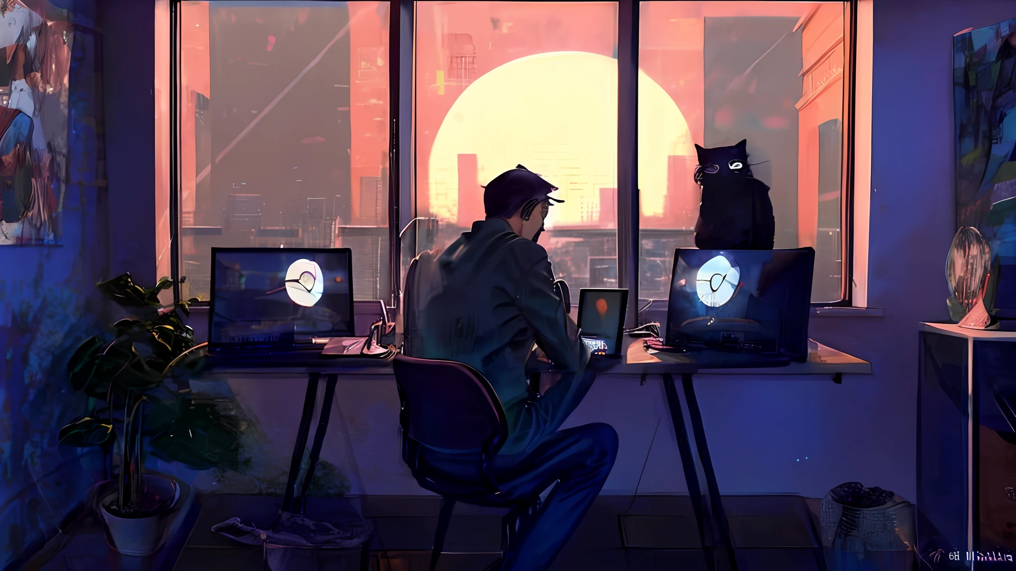 illustration of a man sitting at a desk with a laptop and a cat, lofi artstyle, chillhop, lofi hip hop, lofi vibes, lofi art, lofi feel, lofi vibe, lofi aesthetic, lo-fi art, lo-fi illustration style, lo fi, lofi, lofi girl, lofi colors, magenta palette
