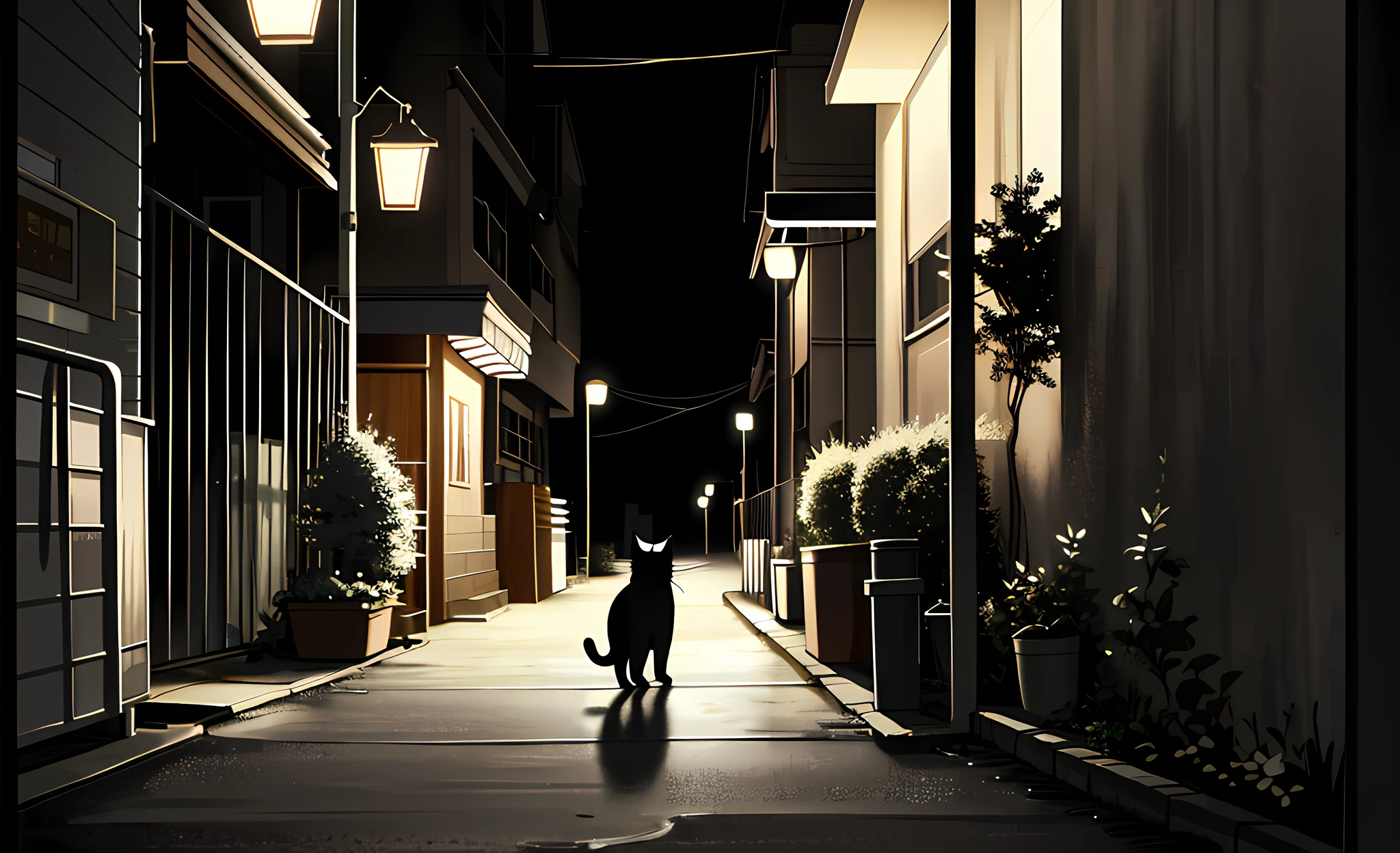 Cat walking on street side at night, neighborhood garden, dark background, night, loneliness, surreal, high quality, 8k clarity