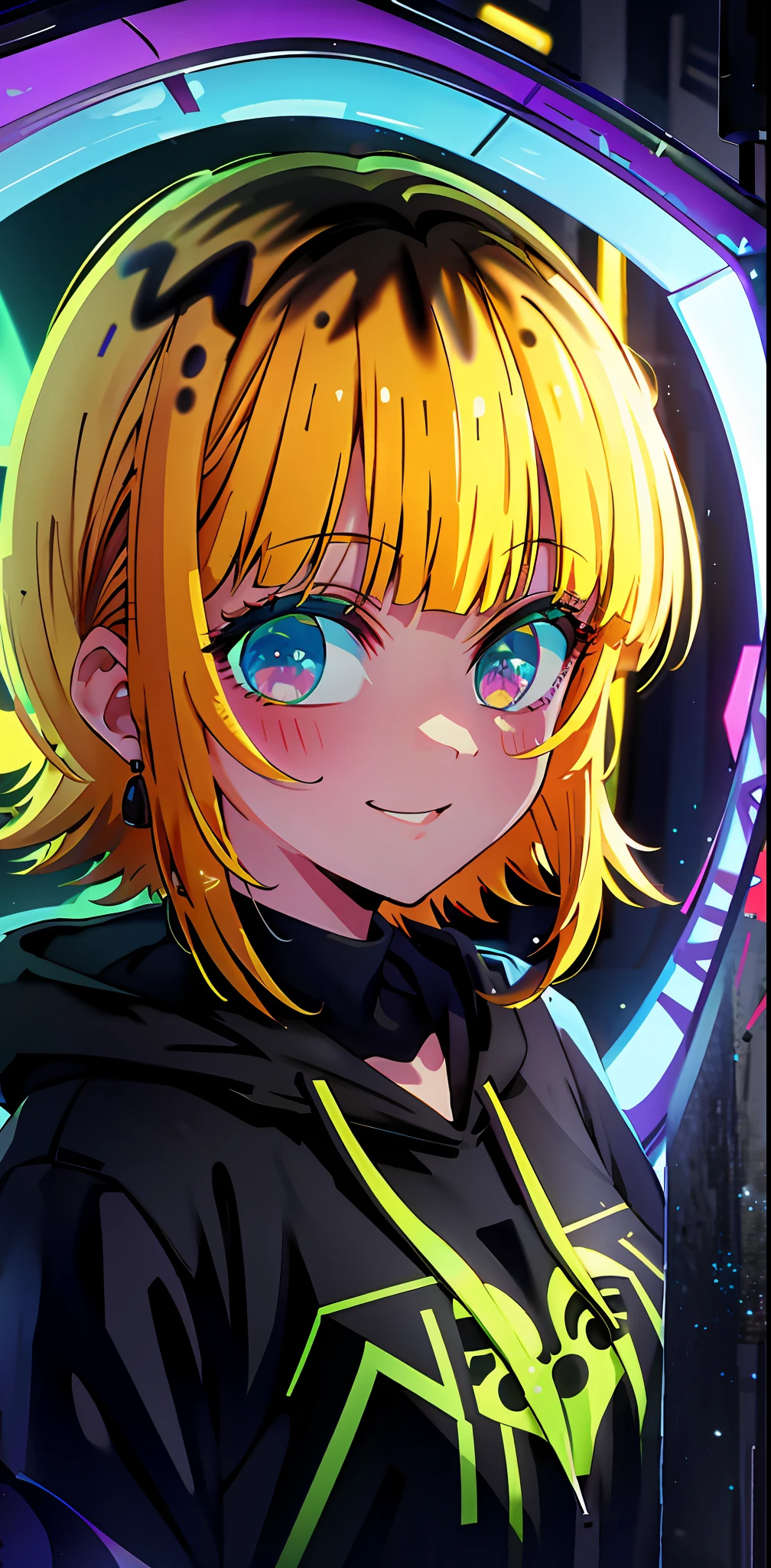 detailed background, masterpiece, best quality, smile, ornament, hoodie, portrait, yellow neon, graffiti, dark, night, glowing eyes, blacklight