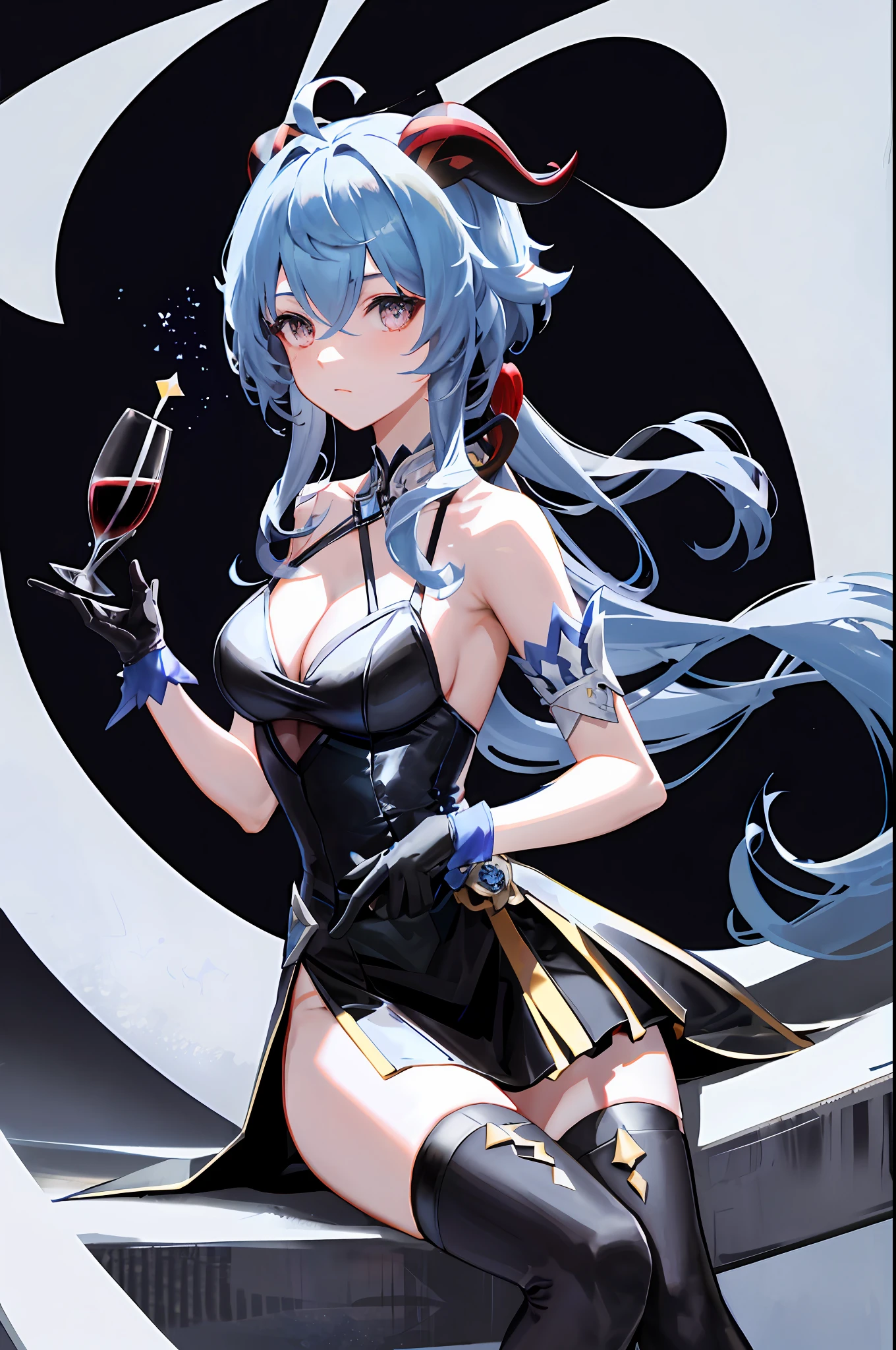Ganyu, genshin impact, 1girl, alcohol, alternate costume, armlet, bare shoulders, ((black background)), ((black dress)), black gloves, black thighhighs, breasts, cleavage, criss-cross halter, cup, dress, drinking glass, flower, gloves, gradient background, hair between eyes, horn, halterneck, holding, holding cup, medium breasts, long hair, looking at viewer, blue hair, see-through gloves, solo, thighhighs, thighs, very long hair, wine, wine glass, ((masterpiece)) blue pelated skirt, sitting,