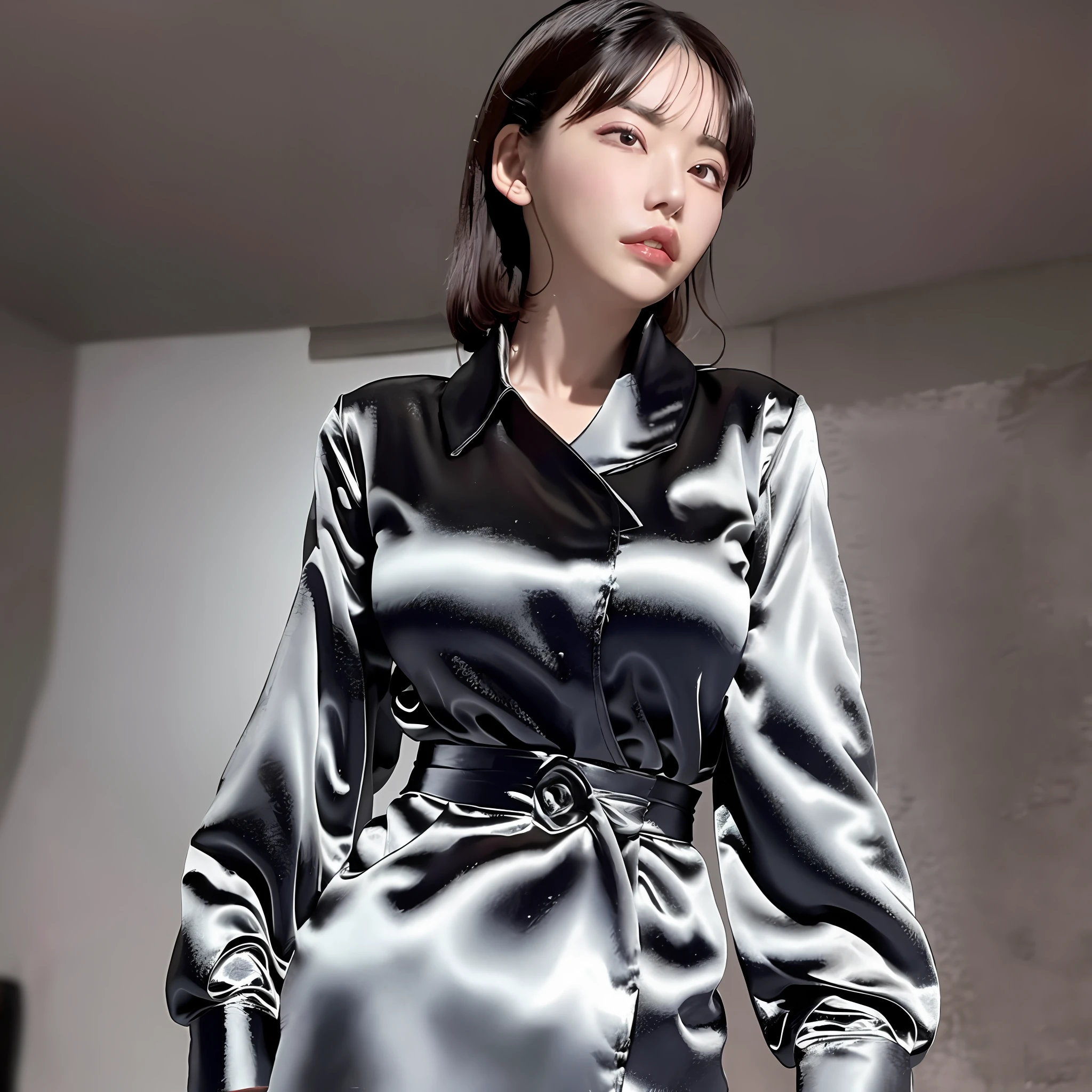 wear a satin wrench coat, the material of the satin wrench coat and satin blouse is shiny, soft and smooth to the touch, the buttons on the satin wrench coat are large, the buttons in front of the satin wrench coat are fastened, and the underwear is not worn, the collar of the satin blouse must be taken out of the satin wrench coat, satin blouse that fits the body, chest is C cup, Japan fashion model, whole shot, one beauty, the place is a hotel bedroom, the eyes are clear double, wet lips and appeal,