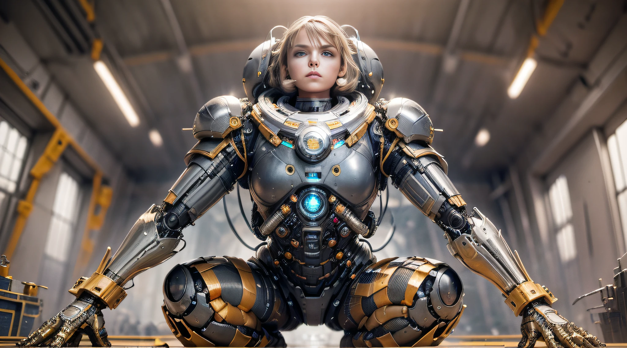 (child 10 years: 1.3), __body-parts__, official art, unity 8k technology, photography, photorealism, ultra detailed, medium depth of field, beautiful and aesthetic, beautiful, masterpiece, maximum quality, RAW, masterpiece, super thin photo, best quality, general plan, angular view, fixed angle, super high resolution, photorealistic, natural light, full body portrait, incredibly beautiful, dynamic pose, delicate face, vibrant eyes, (top view), child wearing a futuristic space suit, chrome, black and gold, repairing a robot, crouching, highly detailed hangar center background, detailed face, (mechanical parts, hydraulics, sparks, steam, gases, heat, cables in the background: 0.3), amplitude, intricate intricate detailed complex background super detailed, organized, beautiful, milky, highly detailed skin, realistic skin details, visible pores, sweat, sharp focus, volumetric mist, 8k uhd, dslr camera, maximum quality, film grain, black skin, photorealism, lomography, large interior of expanding orbital station, translucent, cinematic --auto --s2