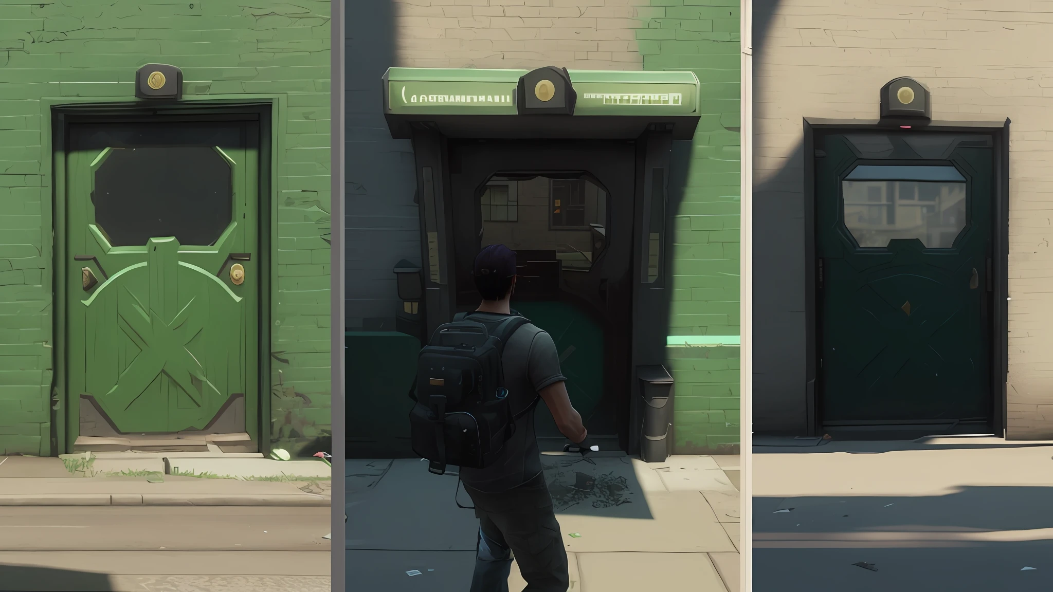 there are three different pictures of a man walking down the street, realism in style of fornite game, ingame image, realistic fortnite, style of gta v, in-game cimematic, screenshot from game, screenshot from the game, looks realistic, luscious ) in the last of us, style of inside game, in - game, in-game, dev textures