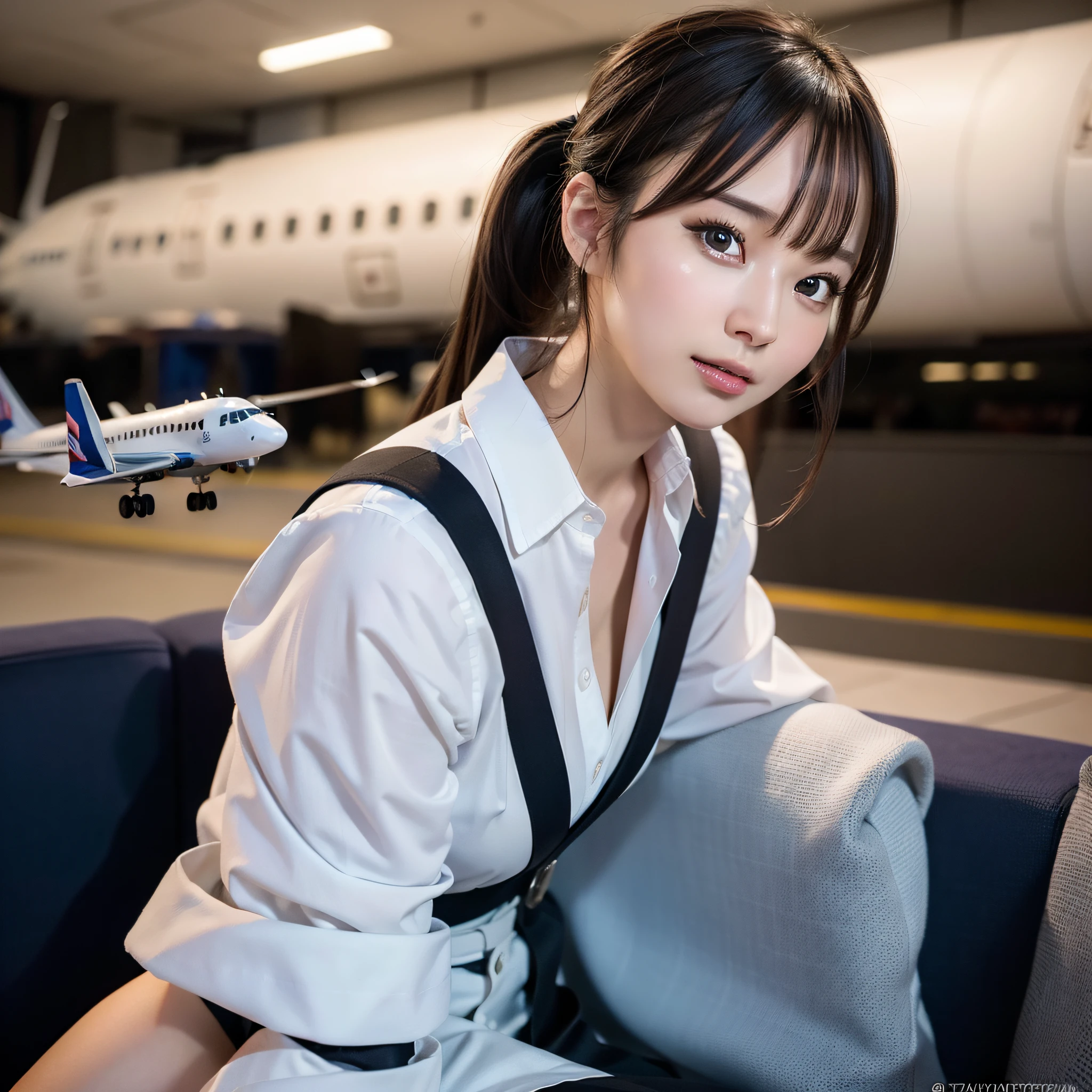 photo of an ultra realistic 4k, hyper realistic, focused, perfect face, beautiful face, many fine details, photography, photorealism, highest quality, highest detail, third person view, long exposure, 8K, Ultra-HD, ultra details, award-winning photography, stewardess, airplane, ponytail hair, Korean, Korean idol, Korean beauty, full body,