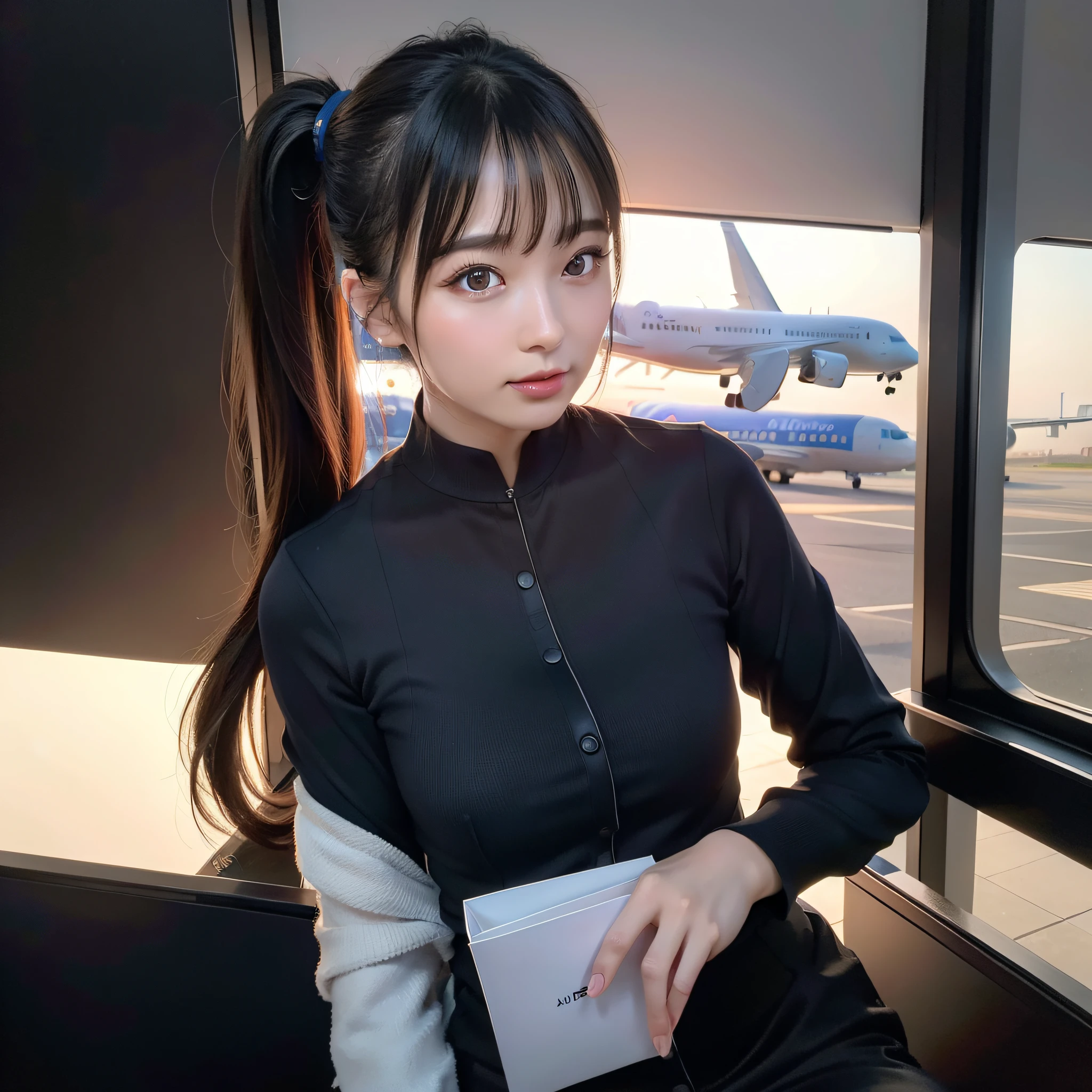 photo of an ultra realistic 4k, hyper realistic, focused, perfect face, beautiful face, many fine details, photography, photorealism, highest quality, highest detail, third person view, long exposure, 8K, Ultra-HD, ultra details, award-winning photography, stewardess, airplane, ponytail hair, Korean, Korean idol, Korean beauty, full body,