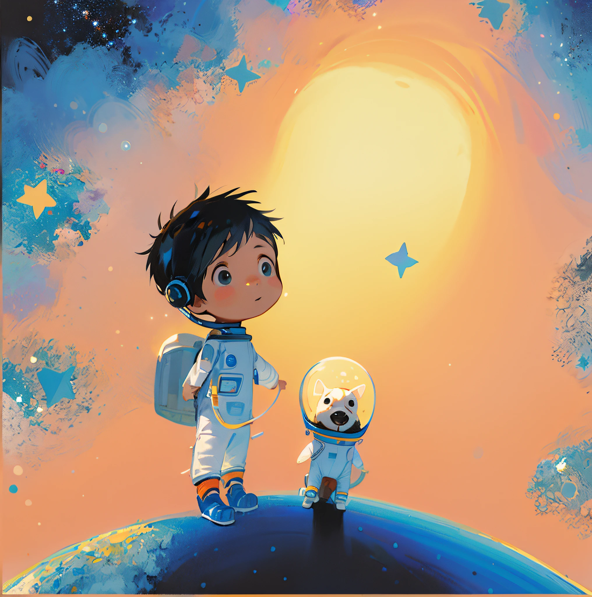 create a boy and a dog standing on a planet, dressed as an astrounaut, children's book illustration, small astronauts, dog is a jack russel terrier in a space suit, in a starry space, in deep space, children's illustration, in space, in outer space, children's illustration, small astronaut looking up, with arms and legs, inside a rocket,  traveling in space with many planets.