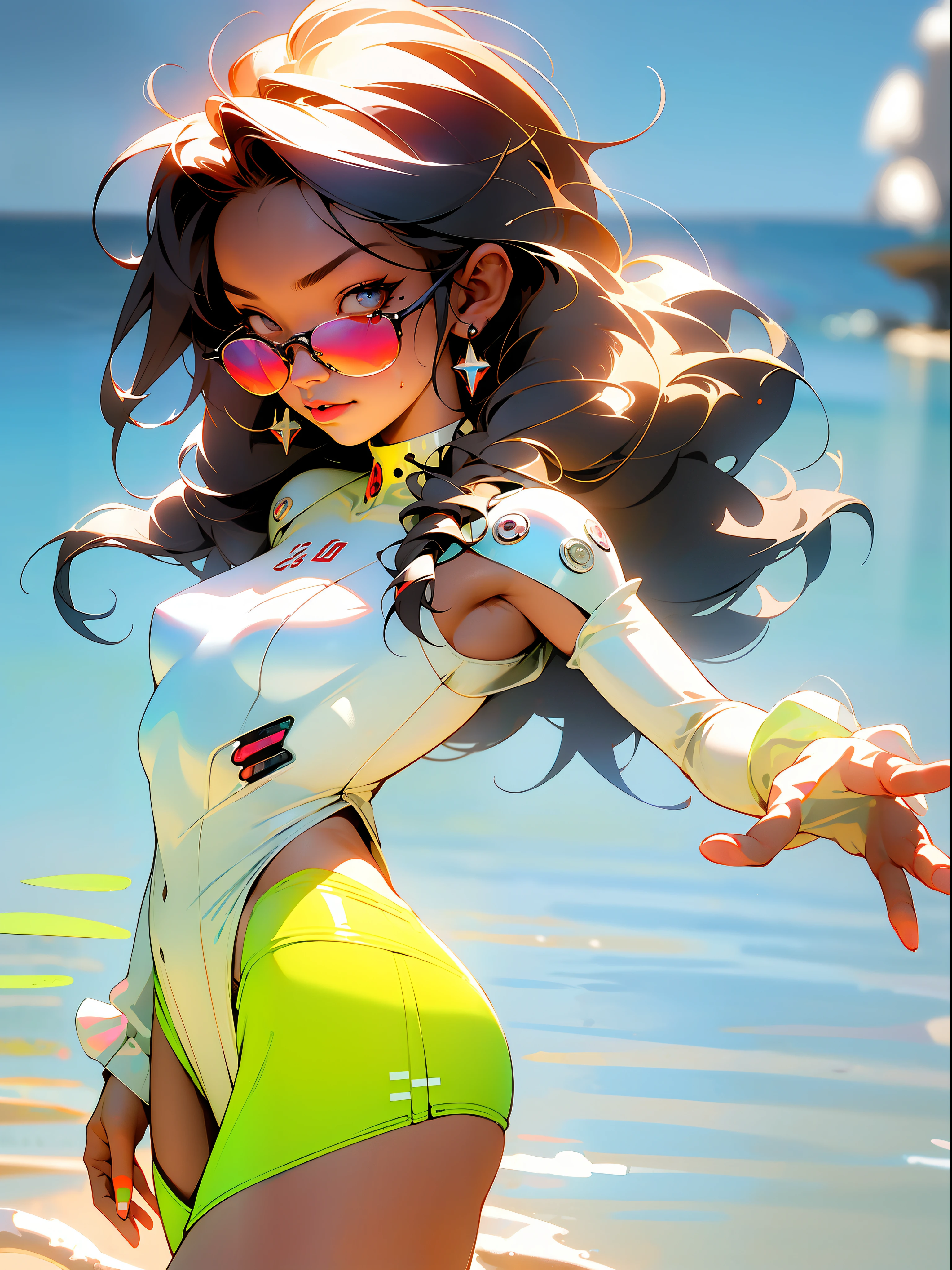 ((Best quality)), ((masterpiece)), (detailed: 1.4), (Absurd), light-skinned ta with micro bikini, Genesis evangelion neon style clothing, 2 piece clothing, colored hair, tattoo on arms, cybernetic hand, pastel, centered, scale to fit dimensions, HDR (High Dynamic Range),Ray Tracing,NVIDIA RTX,Super-Resolution,Unreal 5,Subsurface dispersion, PBR texture, Post-processing, Anisotropic filtering, Depth of field, Maximum clarity and sharpness, Multilayer textures, Albedo and specular maps, Surface shading, Accurate simulation of light-material interaction, Perfect proportions, Octane Render, Two-tone lighting, Wide aperture, Low ISO, White balance, Rule of thirds, 8K RAW, crysisnanosuit