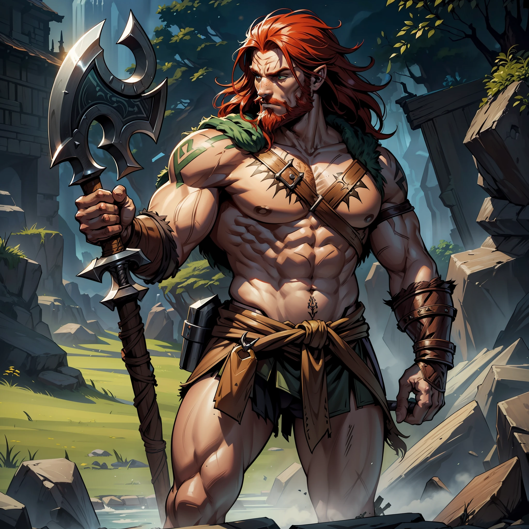 (extremely detailed 8k wallpaper:1.2), (best quality:1.2), (adventure and fantasy theme), profile (Paizo Pathfinder RPG character and Dungeons & Dragons), (((human race man)))), young, muscular, strong, sharp focus, (subsurface scattering:1.1), award-winning photography, ((Barbarian Class:1.3)), ((half-body shot:1.1)), centered face, long red hair, freckles on face, long red beard, green eyes:1.2,  runic tattoos all over the body, serious expression, wearing simple bábraro armor, giant axe in hand, (standing in tavern:1.3), (very detailed background:1.2),dramatic lighting, sfw