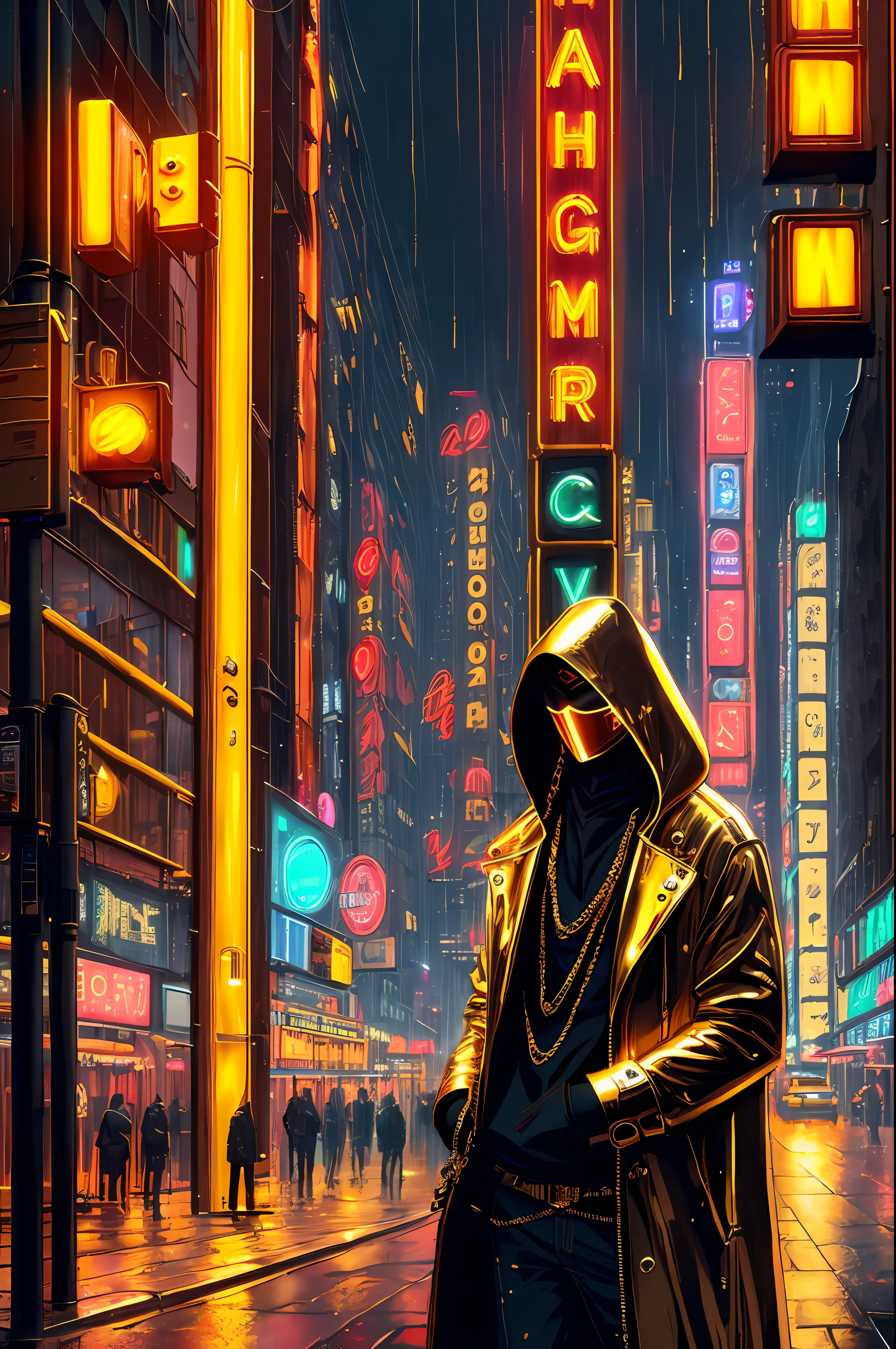 ((realistic)), ((detailed)), illustration, scene perspective (urban setting), character appearance (hood with led mask and humanoid body wearing an elegant coat, gold chains and rings while smoking a cigar in the middle of a rainy night with an imposing air), background elements (wet streets reflecting city lights, neon signs and buildings in the background).