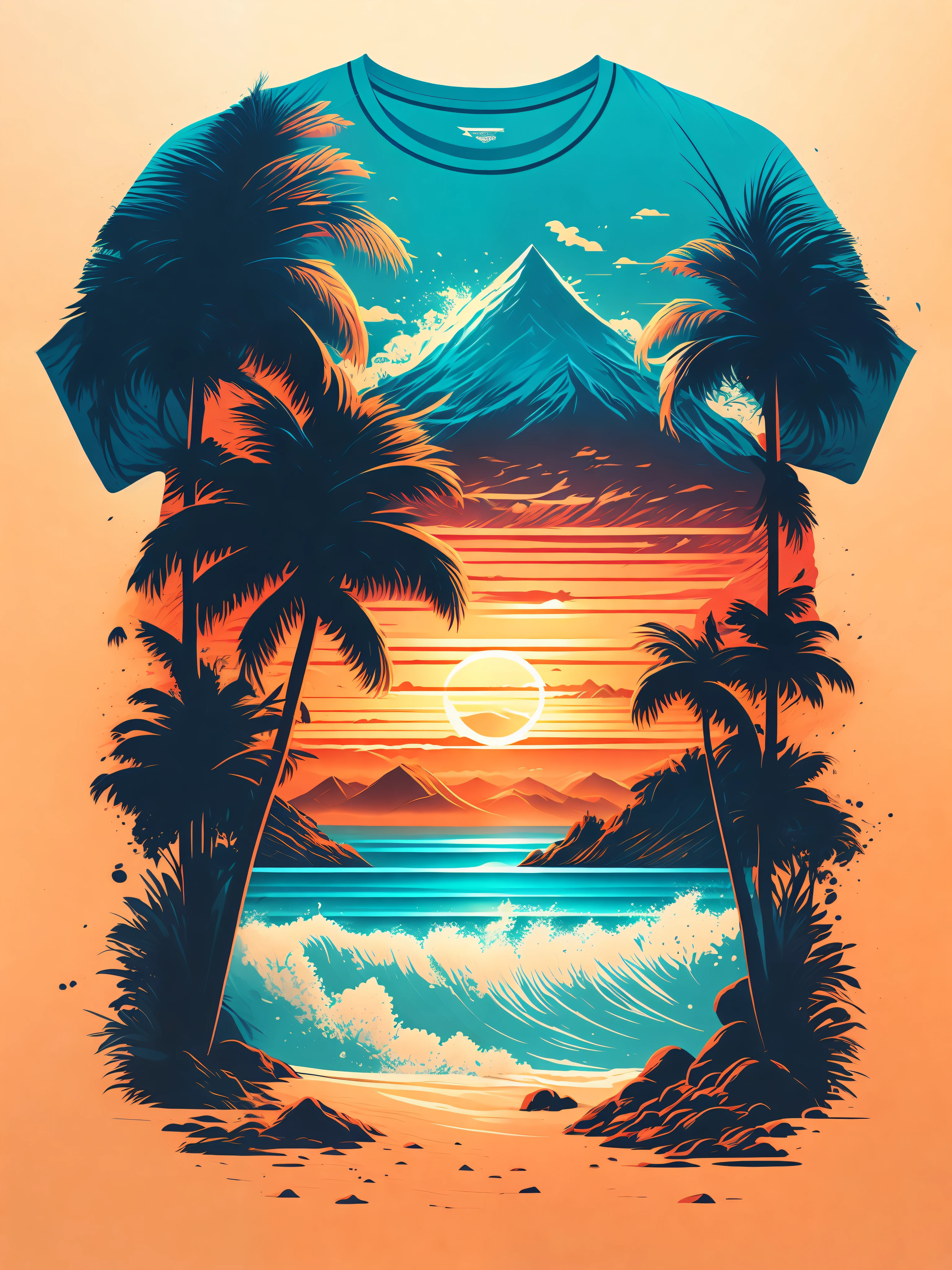 A beach in a summer landscape, T-shirt design, Midjourney, Vector Art, Hydro74