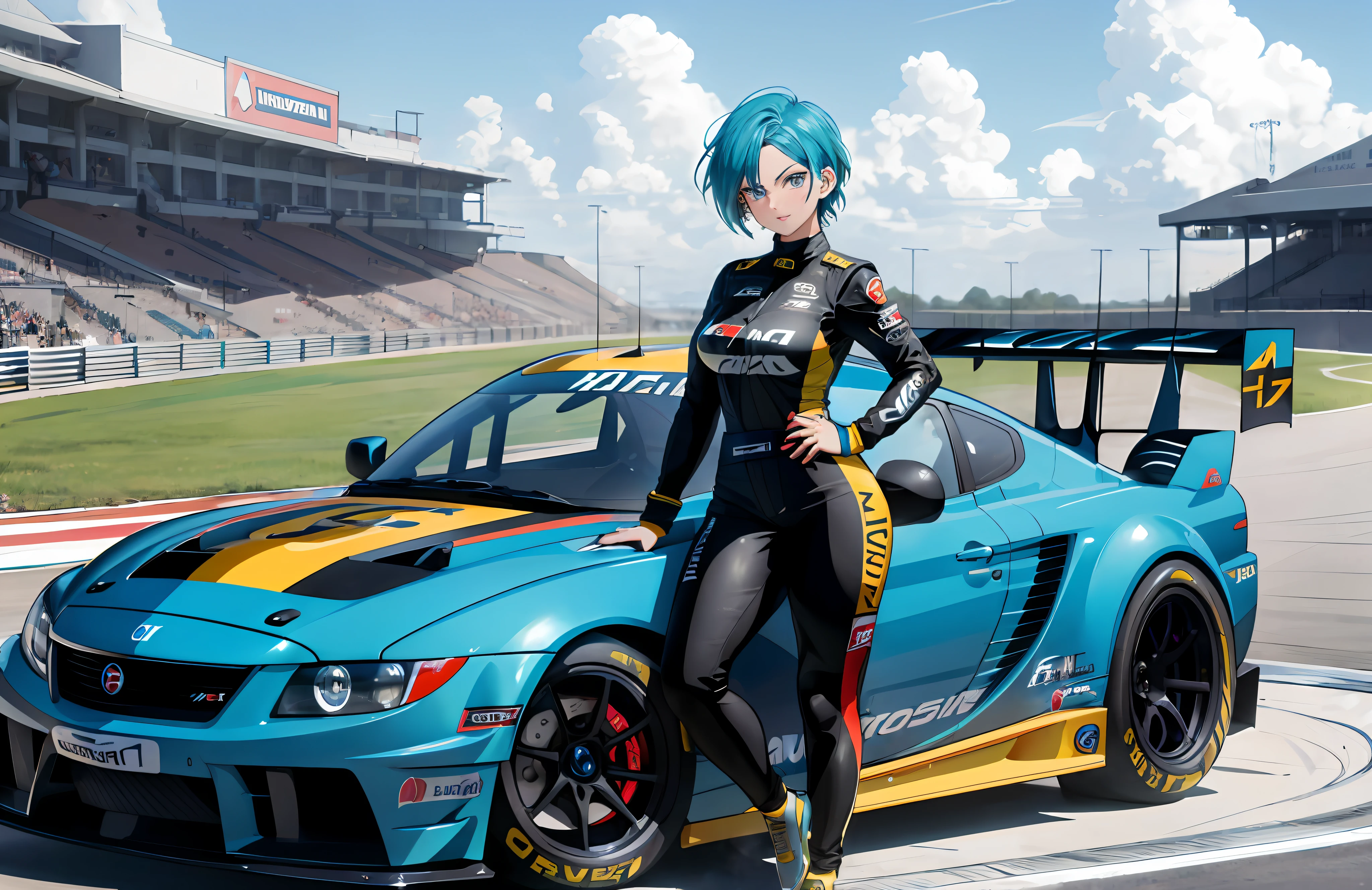 Bulma, (dbz), curvy, attractive, short hair, beautiful detailed eyes, absurd, highres, ultra detailed, (Highest image quality), (Master work), (Detailed description of the eye), (8K wallpaper), (Detailed description of the face), depth of field, (lens reflection), standing, beside honda raybrig hsv-010 '12, race car, (F1_racing_suit), realistic, stunning visual, automotive stickers,  circuit, track, sunny day, (colors: blue, white, yellow, black), colorful, joints