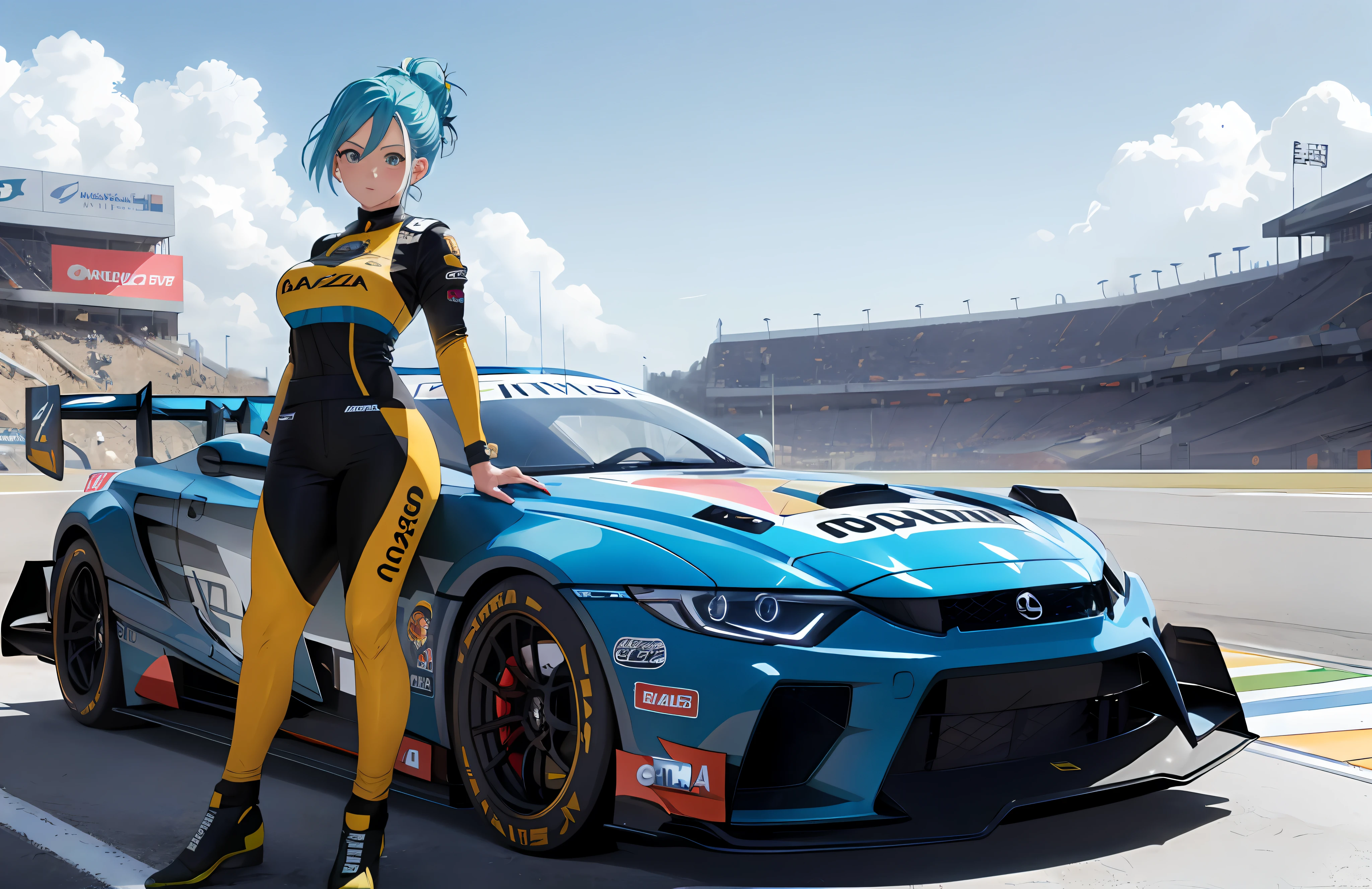 Bulma, (dbz), curvy, attractive, short hair, beautiful detailed eyes, absurd, highres, ultra detailed, (Highest image quality), (Master work), (Detailed description of the eye), (8K wallpaper), (Detailed description of the face), depth of field, (lens reflection), standing, 1 girl, beside honda raybrig hsv-010 '12, race car, (F1_racing_suit), realistic, stunning visual, automotive stickers, circuit, track, sunny day, (colors: blue, white, yellow, black), colorful, joints