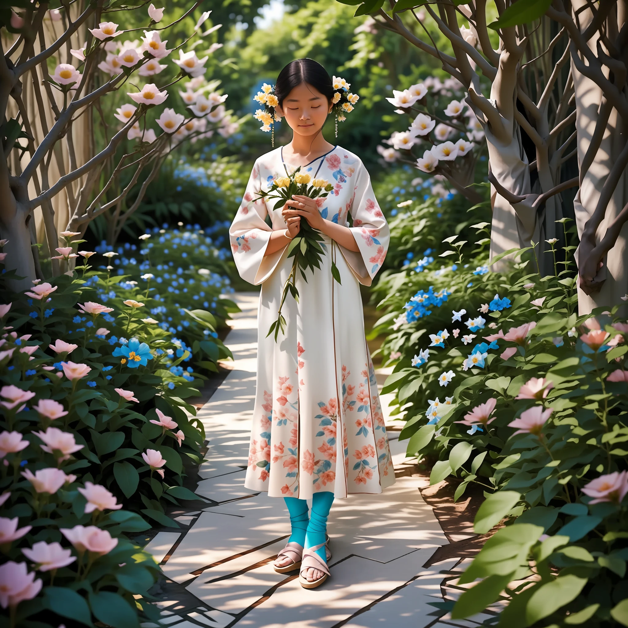 In a fragrant garden, the blind woman is standing with her arms outstretched, gently touching the petals of the flowers she encounters, connecting with nature and the sweet blue flowers.