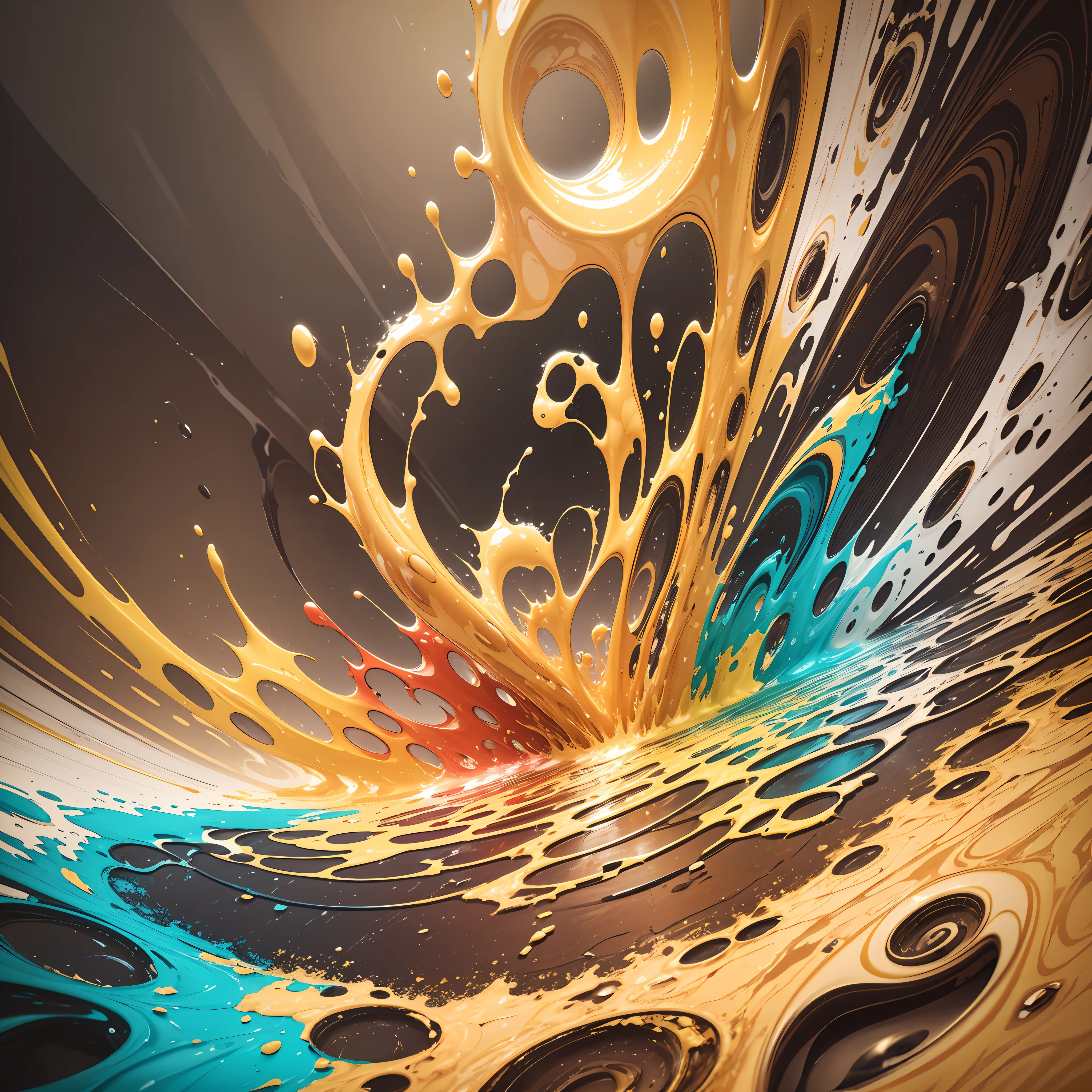 abstract background of fluid painting with a yellow swirl and cylindrical cells 3D, brown, ochre, white and gold, fluid abstract art drained liquid, intricate fluid neon paint, fluid painting of phosphoric and very bright liquid marble, vibrant acrylic art abstract liquid, colorful swirls of paint, gold marbled paper background, swirling liquids, bright marbled neon effect,  spilled paint art, paint swirls, paint spill aesthetics --auto --s2