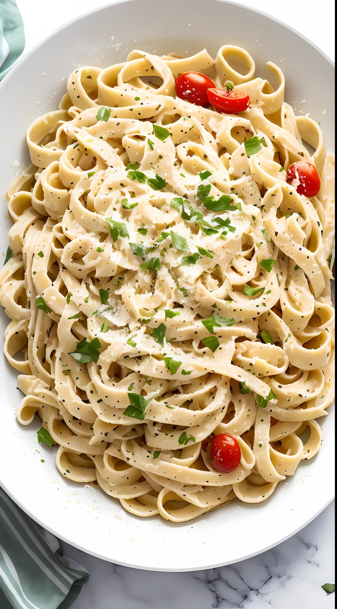 a creamy fettuccine dough with fresh parmesan, green smell, cherry tomatoes and shrimps, food photography, closeup