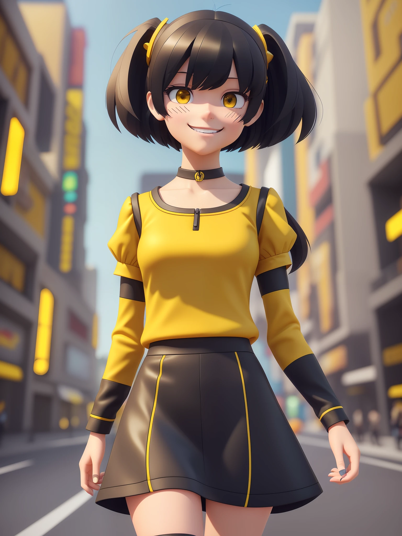 Young girl, a cartoon character dark yellow outfit, expression with ((melancholic smile)), (dark hair up to shoulder), (yellow eyes), stylized character, animation character, stylized 3d render, 3d character, highly detailed character, stylized anime, stylized 3d, render character, character model, closeup, maximum quality, walking in the city