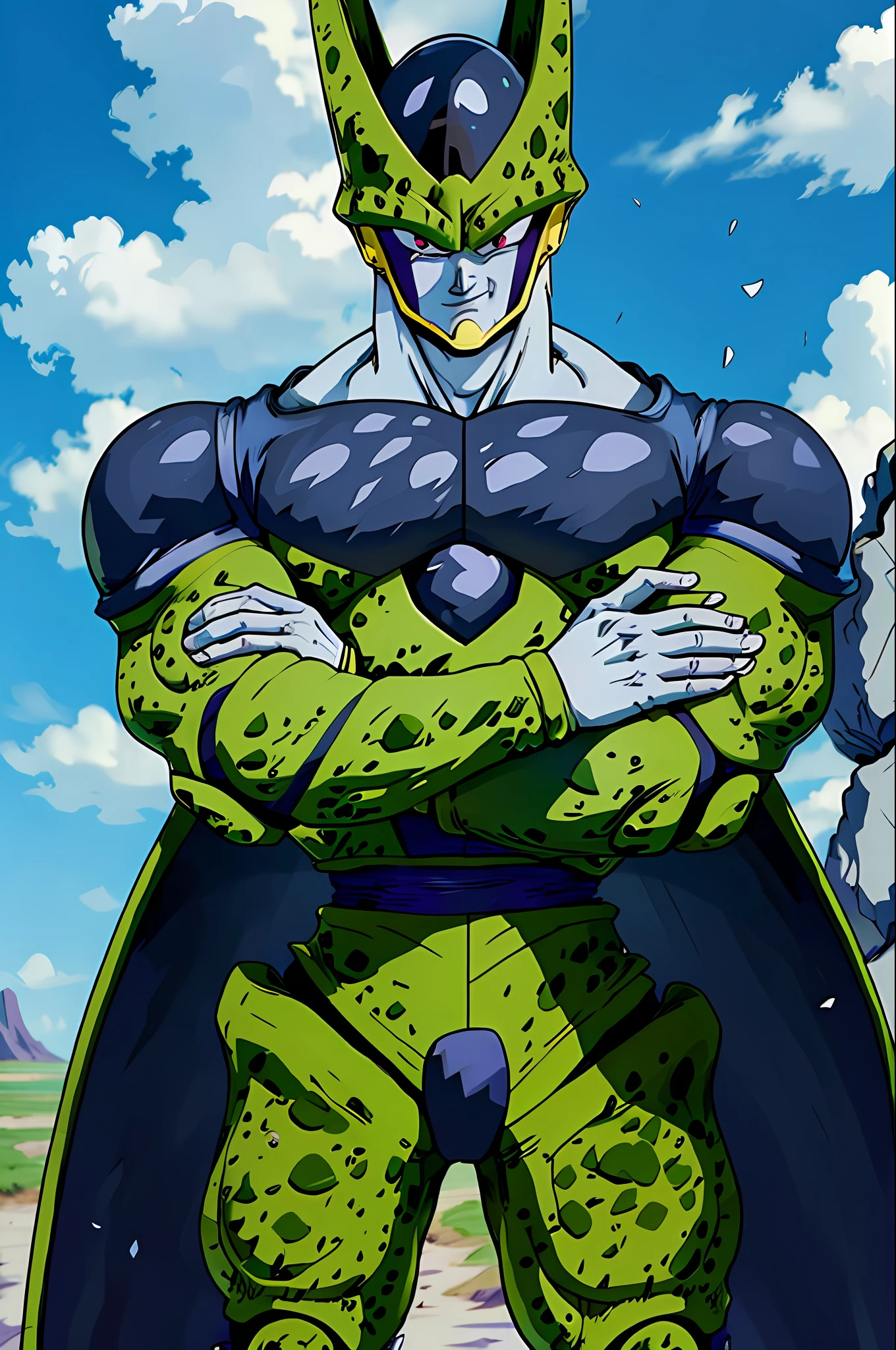 masterpiece, best quality, cell, 1boy, solo, arms crossed, looking at viewer, male focus, blue sky, cloud