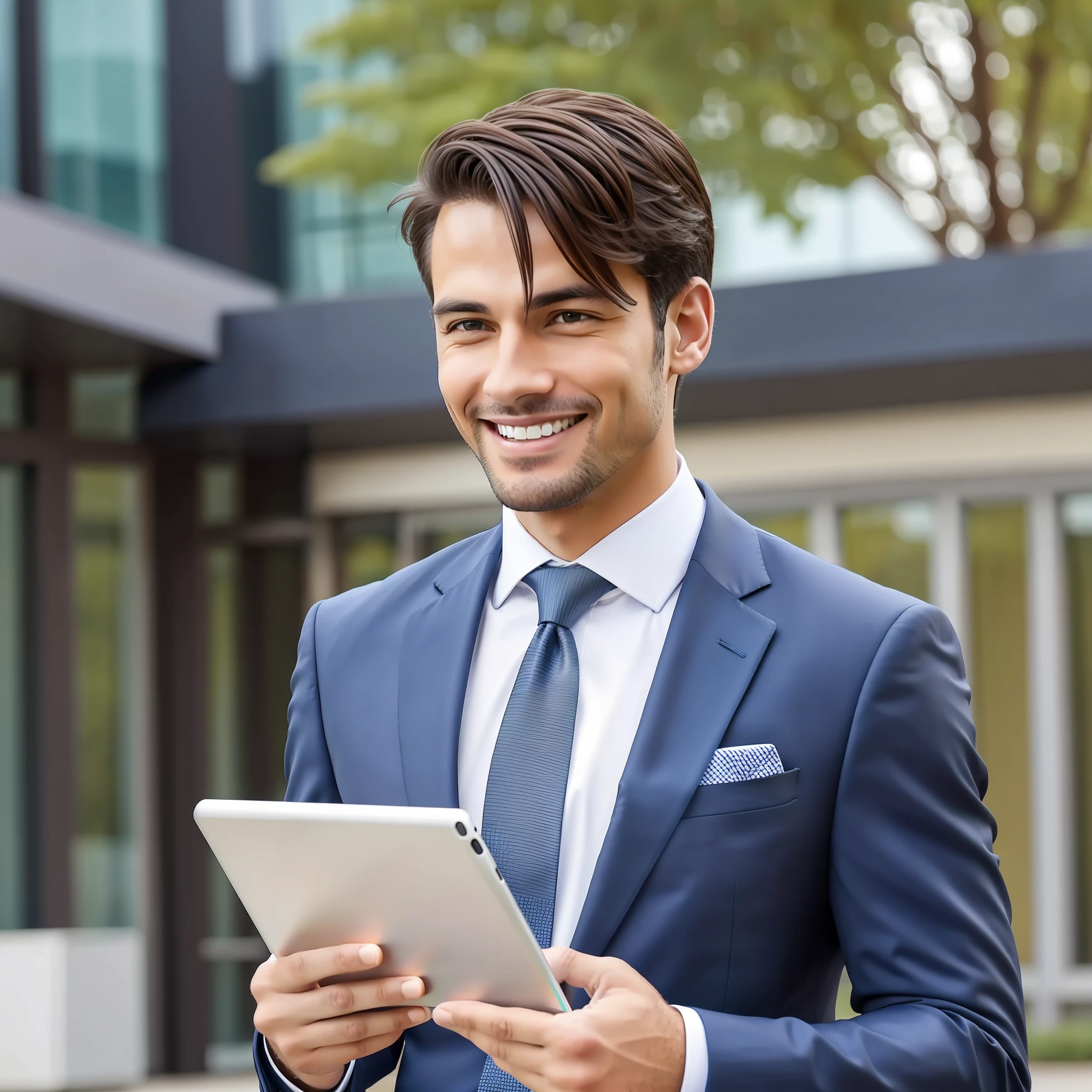 smiling man in suit holding a tablet and smiling for camera, outdoor business portrait, professional image, corporate portait, corporate style, handsome man, professional, corporate photo, professional photo, photo portrait, professional profile picture, motivational, wearing business suit, wearing a business suit, attractive man, well-lit professional photo, proffesional, corporate portrait,  Detailed professional photo