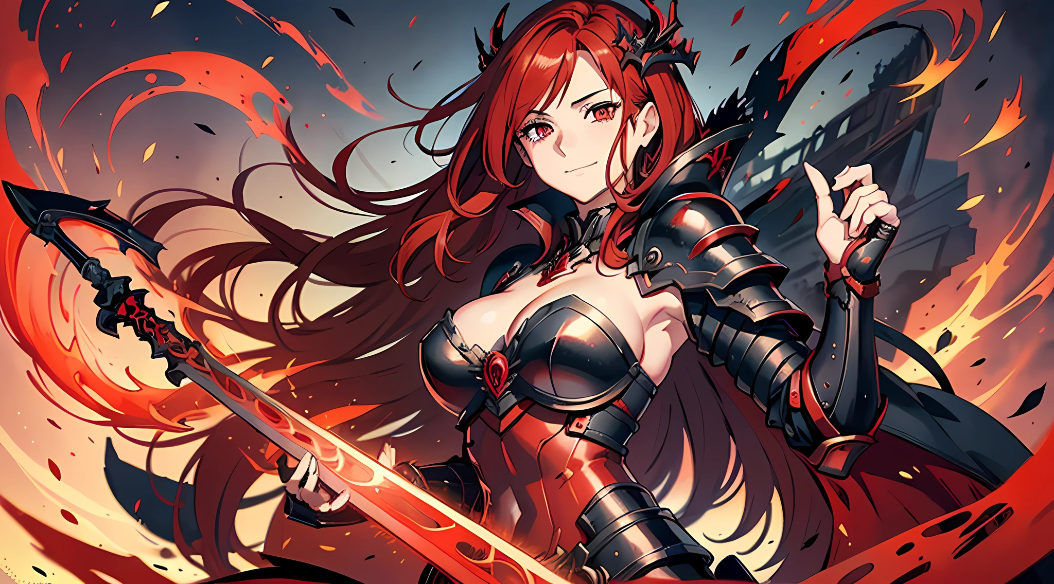 (masterpiece: 1.2), (best quality: 1.2), highly detailed, realistic, crimson red perfect eyes, Hell background, 1girl, mature woman, long red hair, big giant sword, extremely detailed black heavy armor, sky with red moon, sad smile --auto --s2