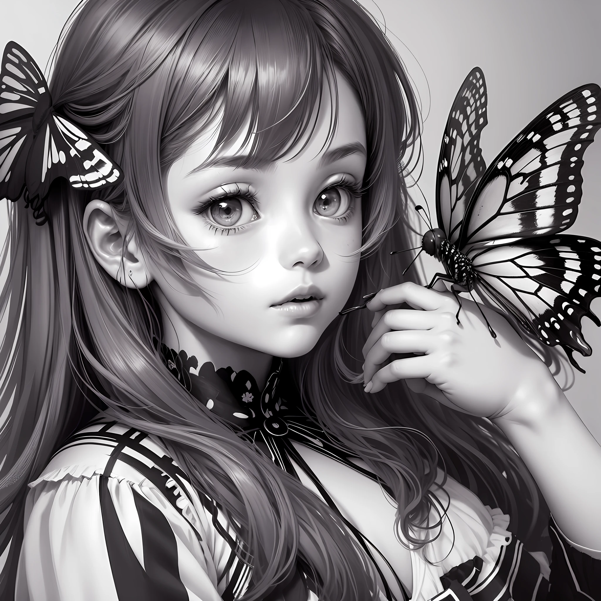 Realize drawing of a girl playing with butterflies in black and white, drawing style for children coloring, on white background --auto --s2