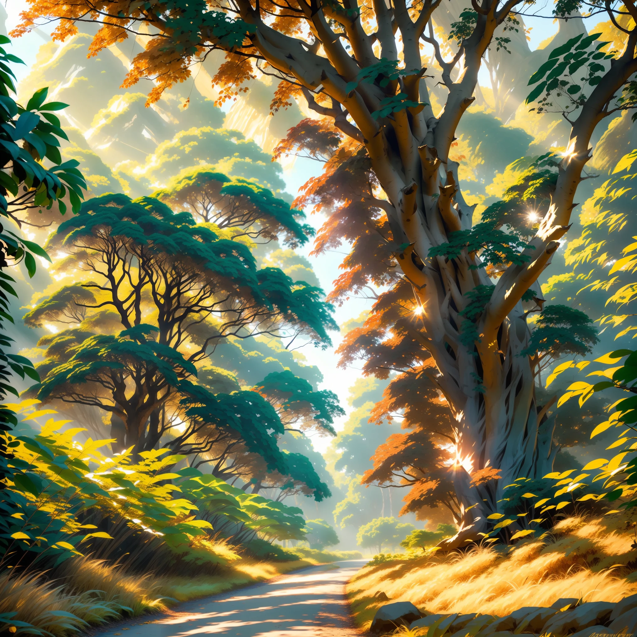 The image shows a majestic tree, with gleaming golden leaves, shining brightly under the sun's rays. Its shimmering foliage captures the attention of all who pass by, emanating an almost otherworldly glow.