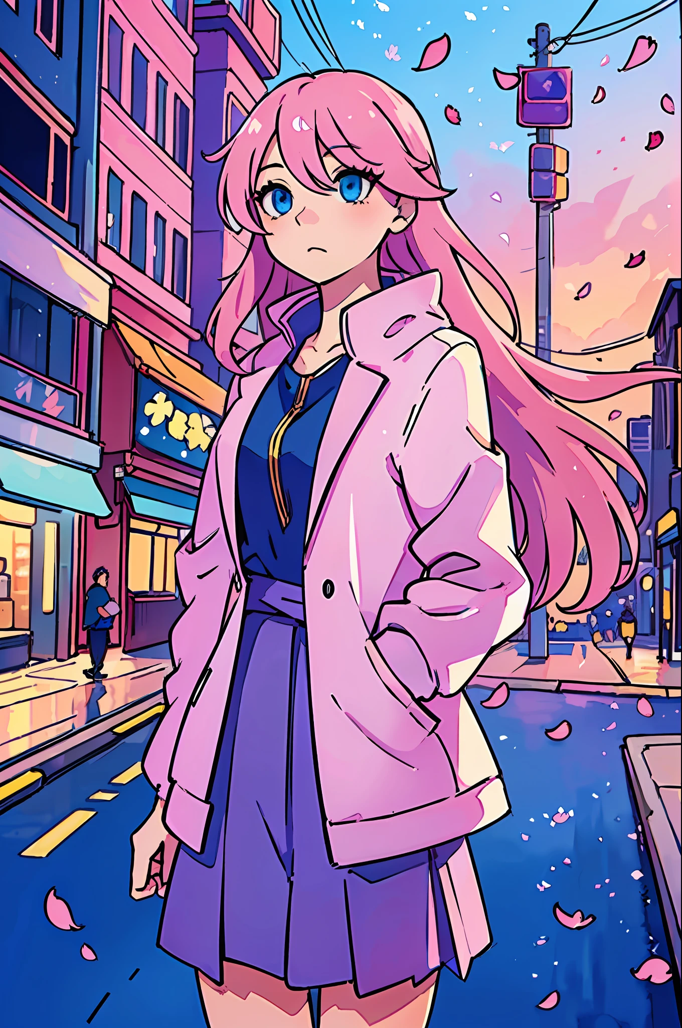 (Perfection: 0.8),(Best Quality: 0.8), perfect anime illustration, smooth center angle of beautiful charming woman in an urban environment, blue eyes, pink and golden hair, several falling petals in the background, watercolor filter, wide angle against the evening sky.