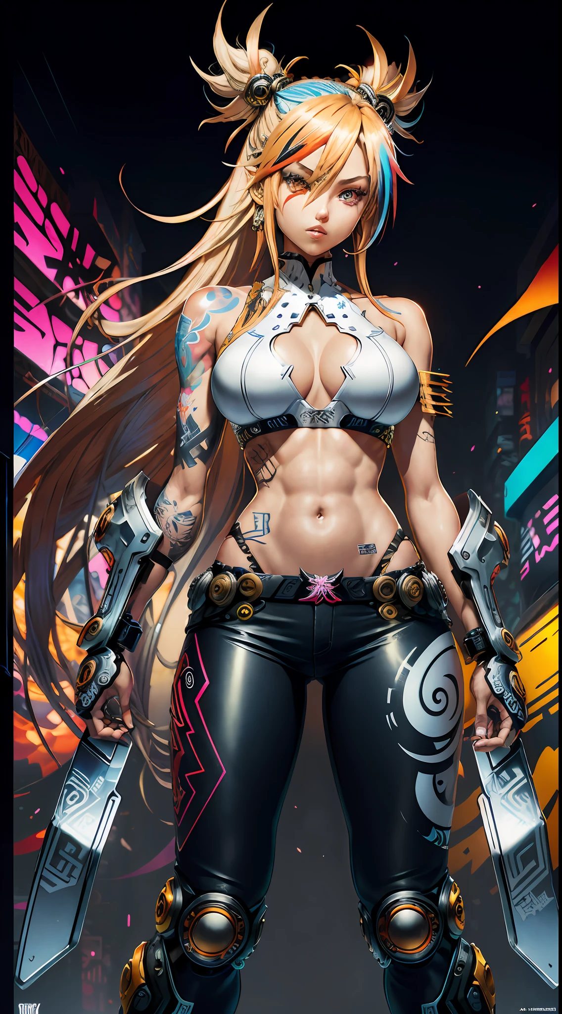 background, mixed-language_text, Japanese letters in graffit ,girls, long blonde hair, excellent lighting, sidelighting, (), vhsKeeper,, style GUILTY GEAR -STRIVE perfect ultimate (flat color: 1.3), (magazine_cover: 1.4), (multicolored_background: 1.3), striped_background, card_background, :: comix style by joe madureira :: circular pieces of white metals glued to the arms ultra detailed coming out sparkling shine, , perfect and detailed, ultra detailed shirt with drawing Abstract and patterned with Japanese letters in graffit on the sides of the outfit, image of girls with Big Breast, on top of a futuristic motorcycle, with immersive effects, hover effect, background style graffiti tribal tattoo with vibrant colors "HDR Ultra" detailed and with focus effect, (masterpiece: 1.2, best quality), (beautiful eyes with huge eyelashes finely detailed: 1.2), , ((Solo)), (Finely detailed eyes and detailed face :1.3), in various full-body attack poses, (cute background: 1.2),futuristic costume, Super detailed circular metals Clinging to arms and pants, fantastic paintings