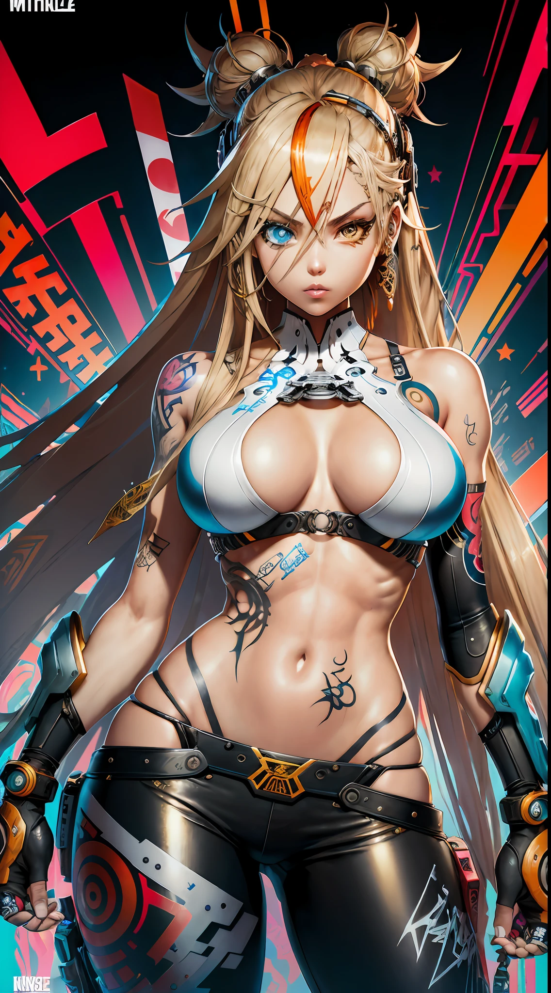 background, mixed-language_text, Japanese letters in graffit ,girls, long blonde hair, excellent lighting, sidelighting, (), vhsKeeper,, style GUILTY GEAR -STRIVE perfect ultimate (flat color: 1.3), (magazine_cover: 1.4), (multicolored_background: 1.3), striped_background, card_background, :: comix style by joe madureira :: circular pieces of white metals glued to the arms ultra detailed coming out sparkling shine, , perfect and detailed, ultra detailed shirt with drawing Abstract and patterned with Japanese letters in graffit on the sides of the outfit, image of girls with Big Breast, on top of a futuristic motorcycle, with immersive effects, hover effect, background style graffiti tribal tattoo with vibrant colors "HDR Ultra" detailed and with focus effect, (masterpiece: 1.2, best quality), (beautiful eyes with huge eyelashes finely detailed:  1.2), , ((Solo)), (Finely detailed eyes and detailed face :1.3), in various full-body attack poses, (cute background: 1.2),futuristic costume, Super detailed circular metals Clinging to arms and pants, fantastic paintings