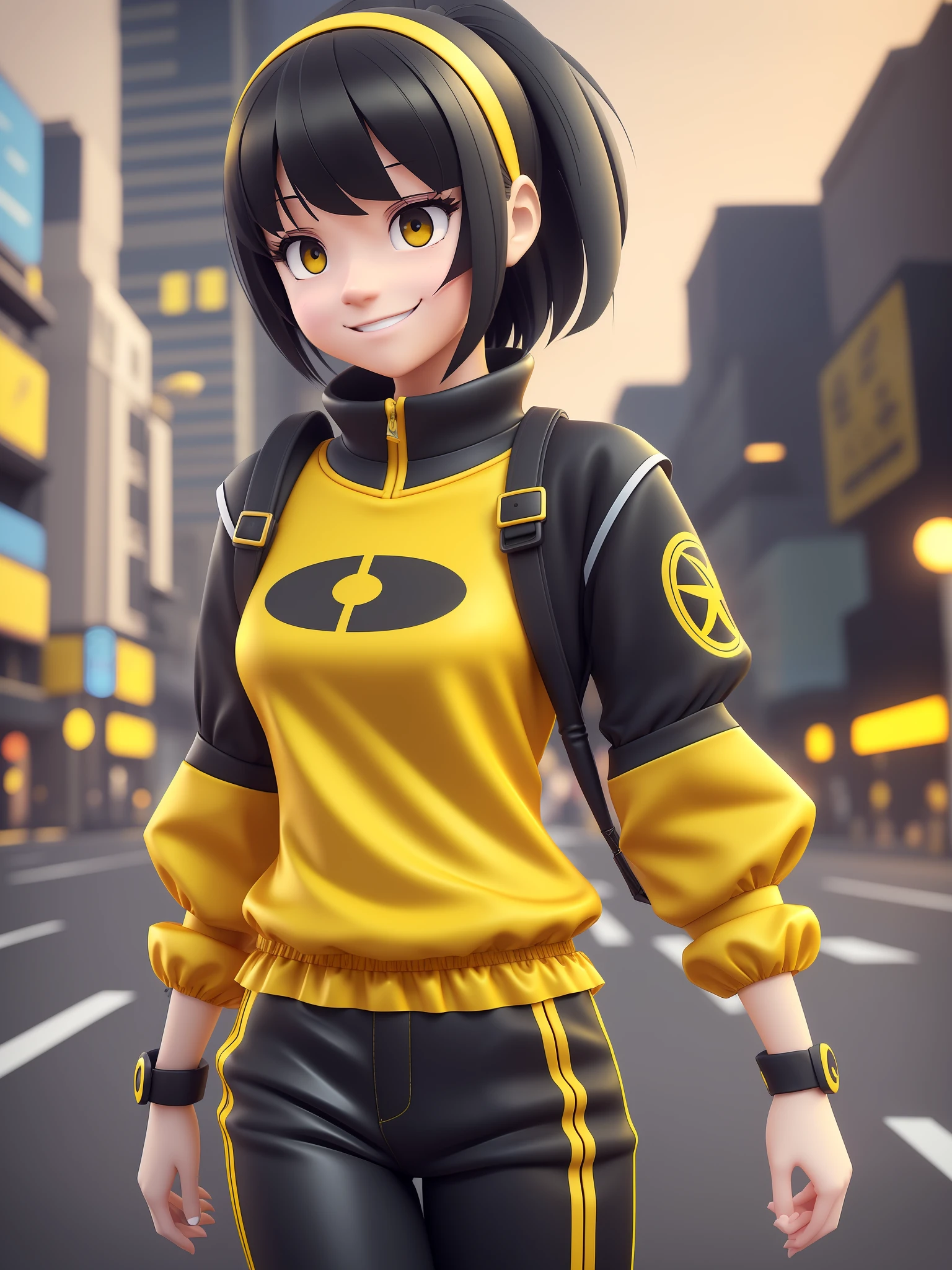 Young girl, a cartoon character dark yellow outfit, expression with ((melancholic smile)), (dark hair up to shoulder), (yellow eyes), stylized character, animation character, stylized 3d render, 3d character, highly detailed character, stylized anime, stylized 3d, render character, character model, closeup, maximum quality, walking in the city