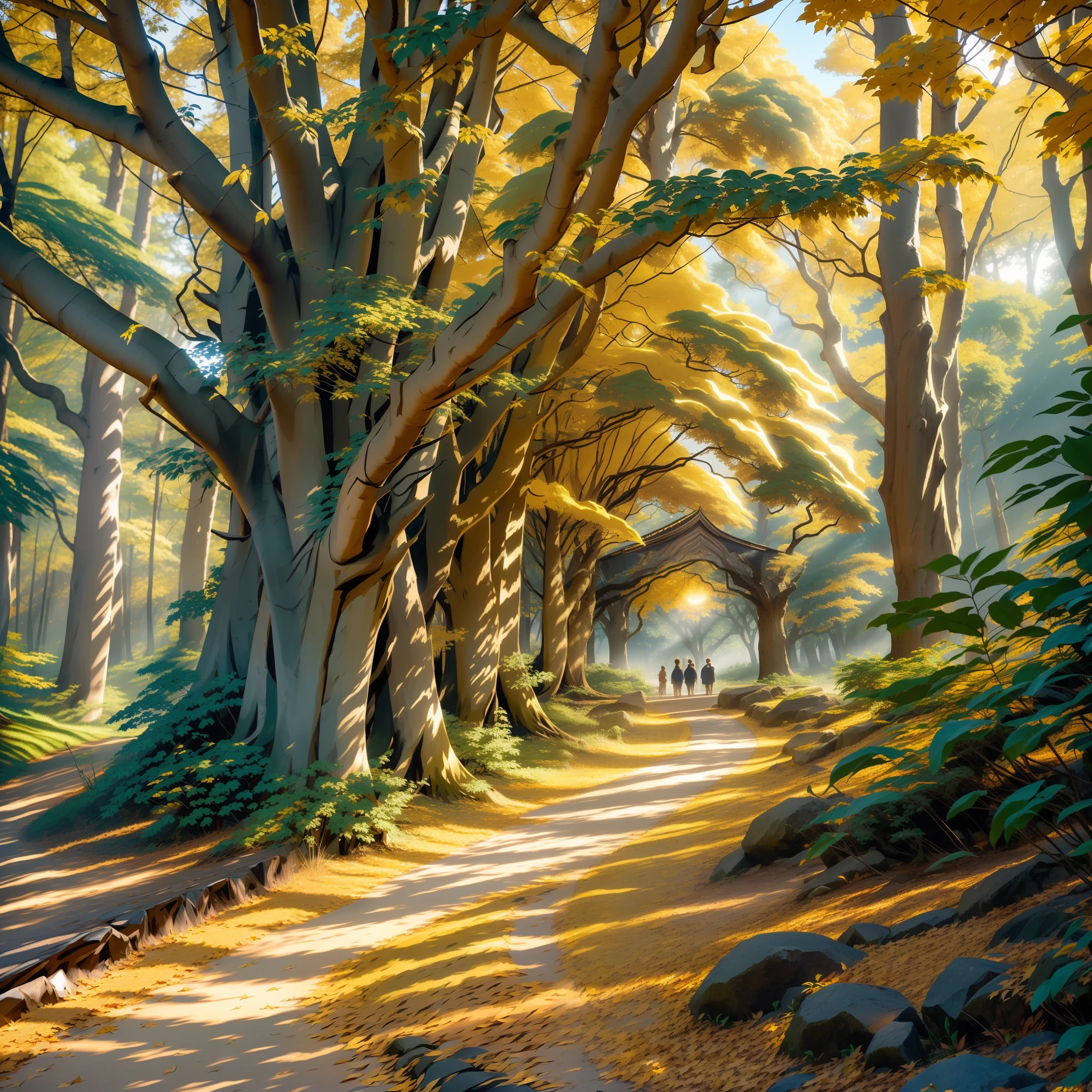 The image shows a majestic tree, with gleaming golden leaves, shining brightly under the sun's rays. Its shimmering foliage captures the attention of all who pass by, emanating an almost otherworldly glow.