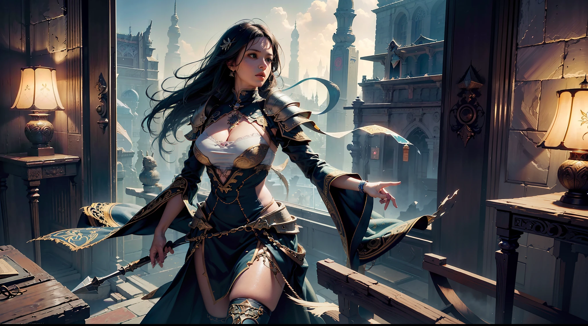 ((best quality)), ((masterpiece:1.2)), (extremely detailed:1.1), (8k, high quality, cinematic, hyper realistic, illustration), (autodesk maya, octane render, unreal engine, game character, ray tracing, hdr), (35mm focal length, f/2 aperture, dynamic perspective, depth of field),(1girl, dynamic angle), the most beautiful form of chaos, a brutalist designed, vivid colours, (zentangle, mandala, tangle, entangle), (fractal art), silk web, 3d, realistic, CG, 3D model, beautiful, elegant, confident, (hdri, bloom, rim lighting, soft lighting, low key), delicate\(armor\) wizard robe