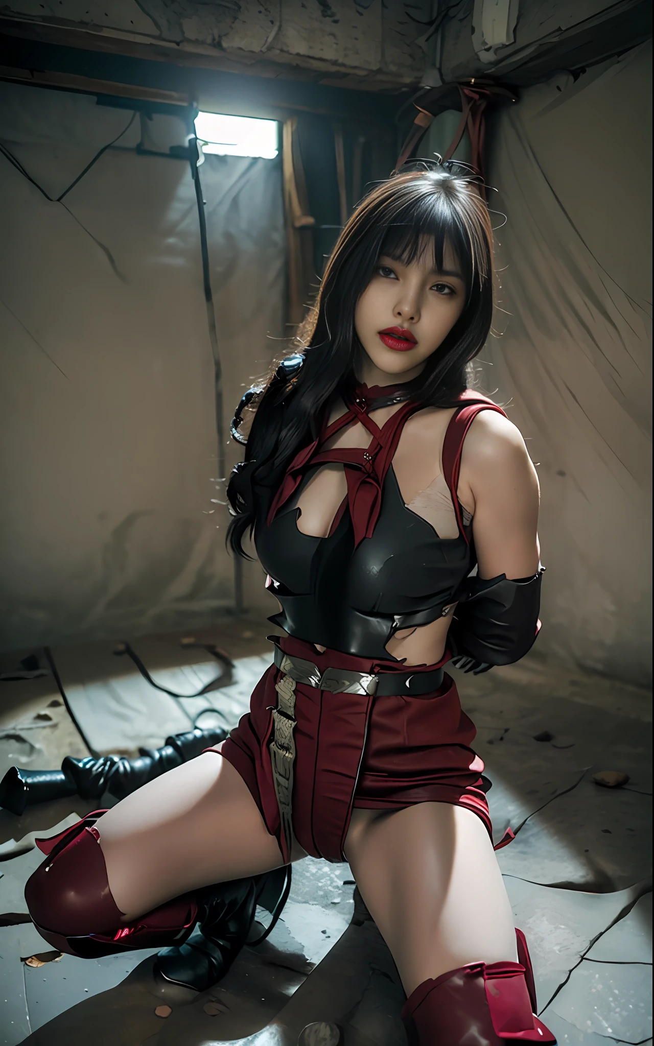 nsfw,((shibari),(fully tied up)))((pillory),restrained,((top quality, 8k, masterpiece: 1.3))), crisp focus: 1.2, beautiful woman with perfect figure: 1.4, slender abs: 1.2,highly detailed face and skin texture, detailed eyes, double eyelids, BDSM,slave,Collar,From Side,Disdain,- [ ] NSFW, (((wearing the torn sheer costume of the superheroine)))),((no panties, no bra)), wet crotch, wet thighs, Beautiful girl with accentuated slender abs: 1.4, (((the tip is protruding, the areola is protruding, the shape of the pubic area is clearly visible))), six pack abs: 1.4, bust Botox, big, perfect body, photography, sharpness, unique 850 4, koda850 k portrait camera, f1.6 lens, ultra-realistic texture, magnificent light texture, Cinestil 800 Fashion Mechanics, (Futuristic Sci-Fi Battle Fashion, Elbow and Knee Cyberpad, Cyber Long Boots, Cyber Gloves: 1.1), (Arms behind the back)), (Completely bound with red rope)))), Restraints, Slaves, Collars, Contempt, (Tears flow, pain, cry with pain)), Sweating, ((((Wide prison with sunlight) )), dark fantasy, peeling ceilings, broken slabs, rebar between cracks, realistic material details, extreme details, ultra-realistic materials, broken walls, ((((Torn costume))), wet, cloudy, ((red rope digging into the crotch, hands tied behind the back, invisible hands))、金髪北欧美女