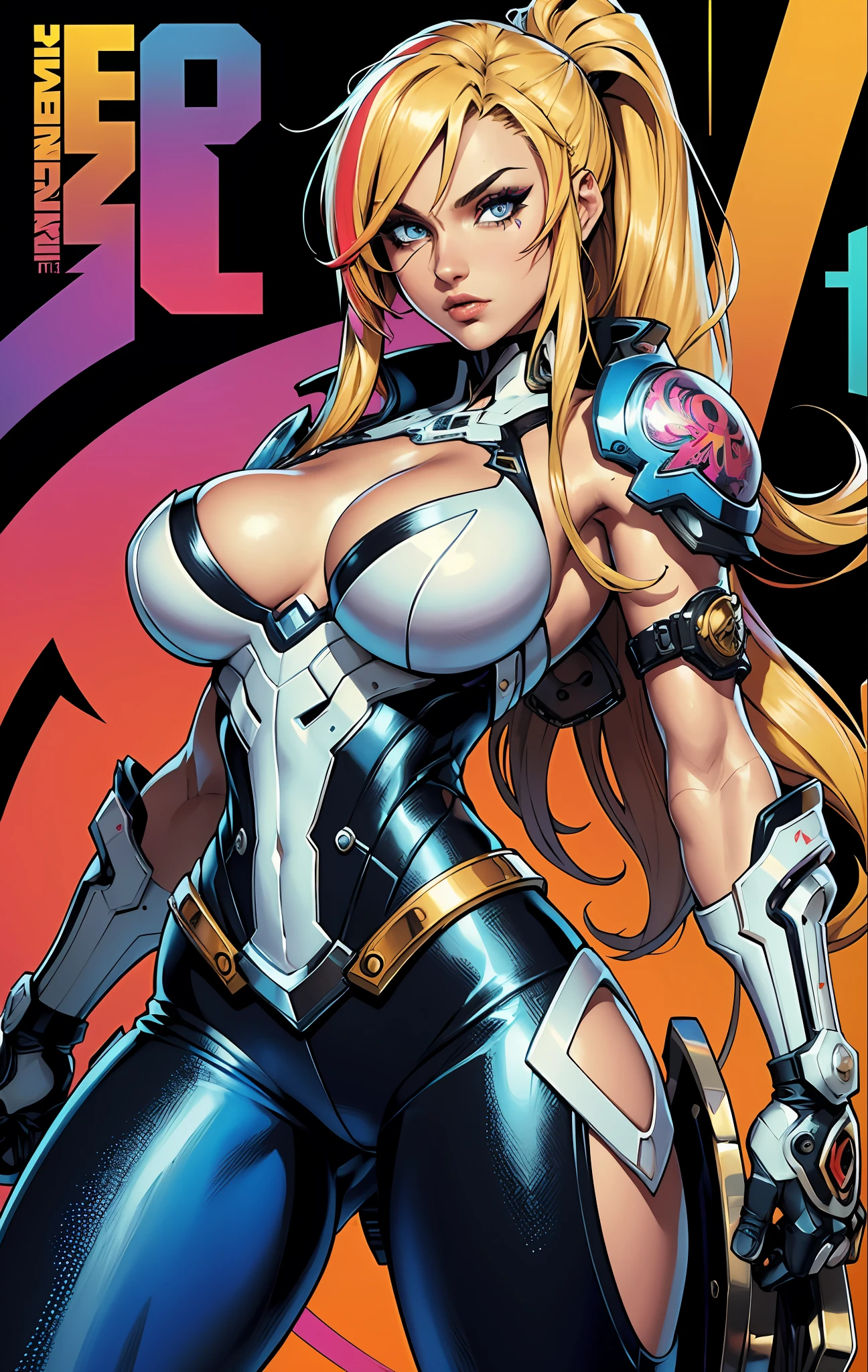 background, mixed-language_text, Japanese letters in graffit ,girls, long blonde hair, excellent lighting, sidelighting, (), vhsKeeper,, style GUILTY GEAR -STRIVE perfect ultimate (flat color: 1.3), (magazine_cover: 1.4), (multicolored_background: 1.3), striped_background, card_background, :: comix style by joe madureira :: circular pieces of white metals glued to the arms ultra detailed coming out sparkling shine, , perfect and detailed, ultra detailed shirt with drawing Abstract and patterned with Japanese letters in graffit on the sides of the outfit, image of girls with Big Breast, on top of a futuristic motorcycle, with immersive effects, hover effect, background style graffiti tribal tattoo with vibrant colors "HDR Ultra" detailed and with focus effect, (masterpiece: 1.2, best quality), (beautiful eyes with huge eyelashes finely detailed:  1.2), , ((Solo)), (Finely detailed eyes and detailed face :1.3), in various full-body attack poses, (cute background: 1.2),futuristic costume, Super detailed circular metals Clinging to arms and pants, fantastic paintings