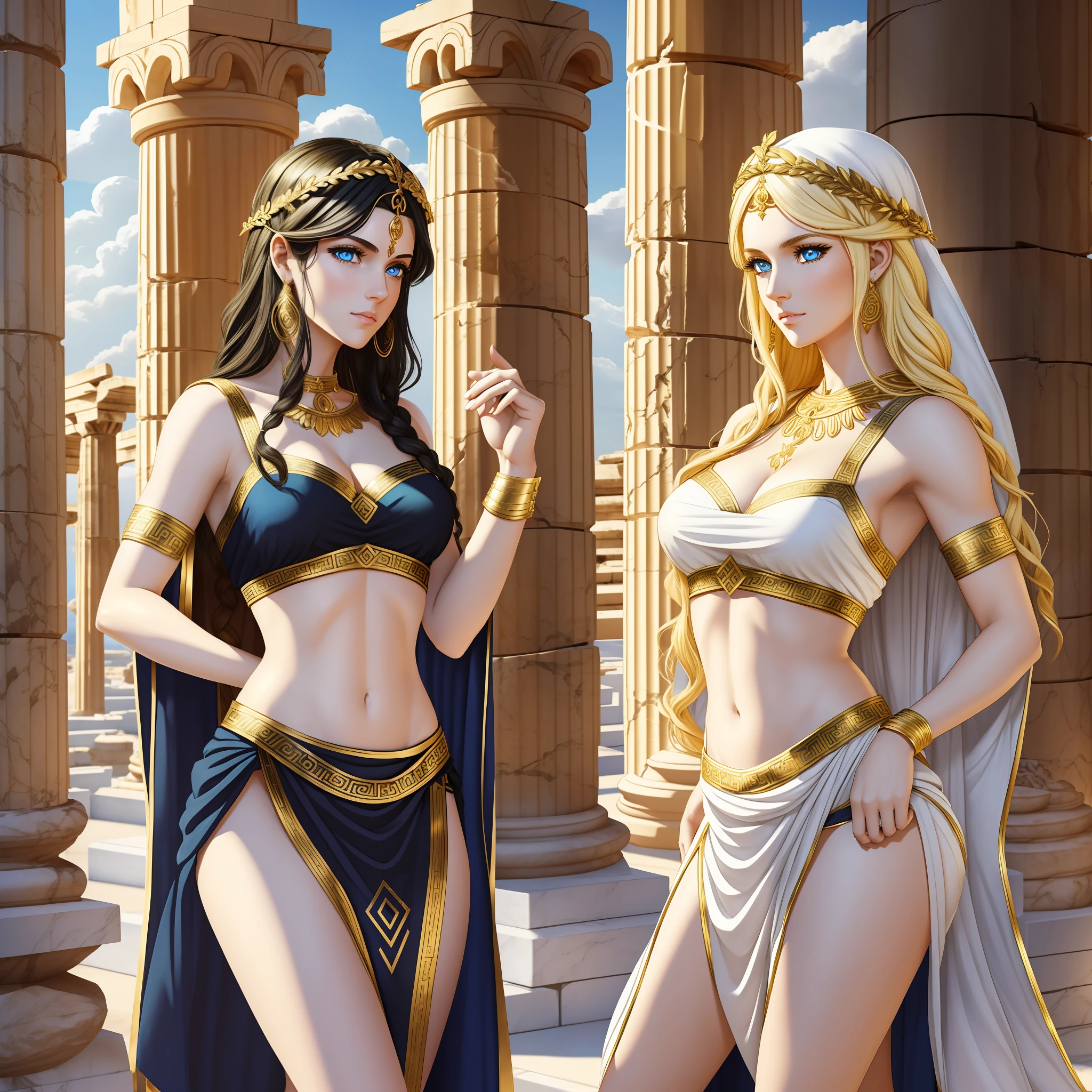 (two goddesses) are chatting intimately in an ancient Greek temple, "the one is goddess of wild nature and hunting, with (((blonde hair))) and (((blue eyes))), is fair-skinned, is slender and tall, shows off her pair of perfect long legs, wears a sleeveless (very short: 1.7) (white:1.5) greek chiton with golden borders", "the other is goddess of witchcraft and magic, with ((black hair)) and ((dark eyes)), is fair-skinned, wears a (black:1.3) greek toga with golden pattern", Greek mythology, affectionate, photorealistic, super high quality, super detail, super hand description, masterpiece, 4K, 8K, HDR