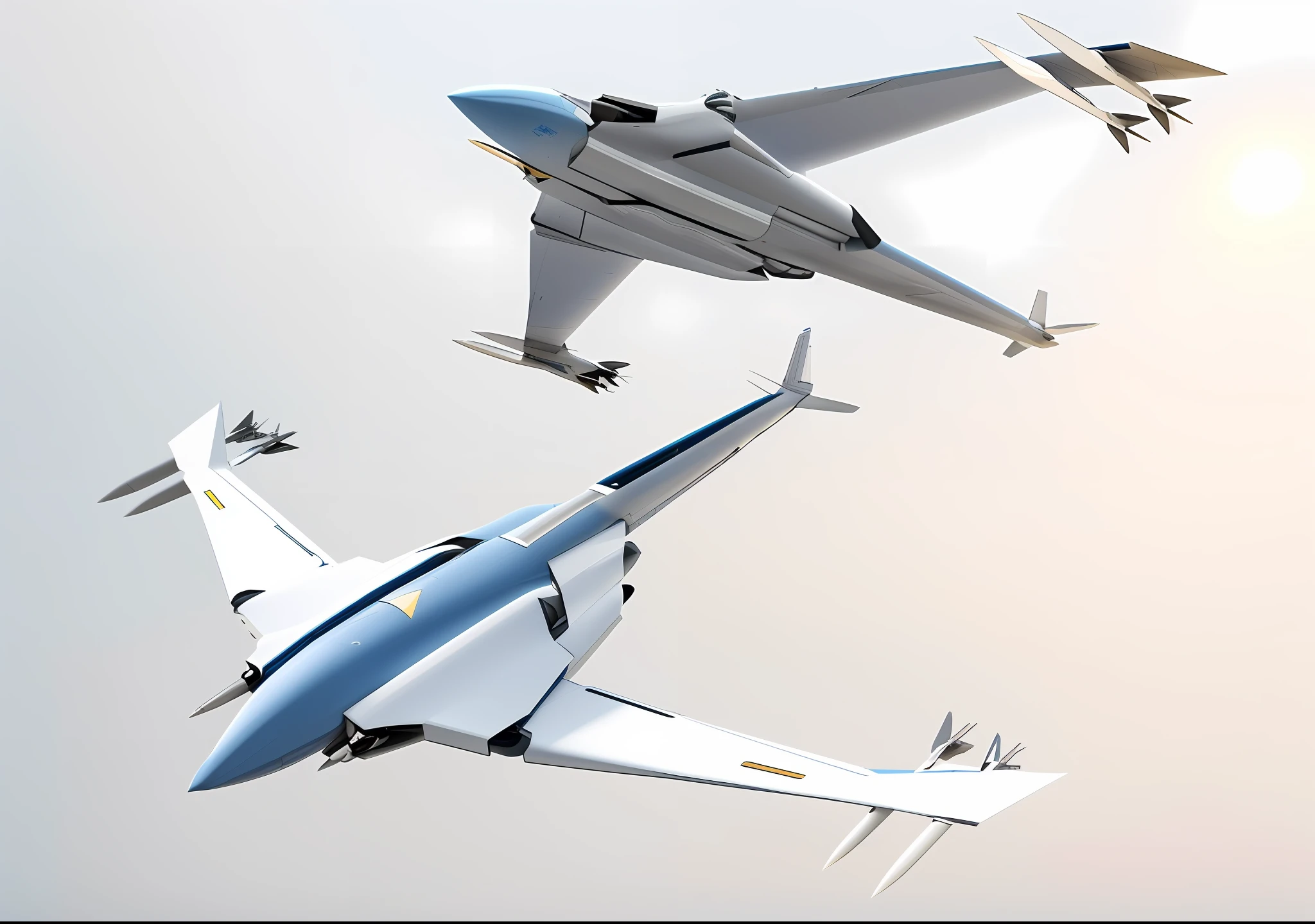 There are two blue planes flying together in the sky on white background, there are two planes flying together on white background in the sky photography closeup, realistic rendering, ultra-realistic, behance, minimalism, fighter drone, Valkyrie fighter, airplane, jet fighter, realistic plane, military drone, flying sci-fi car, jet fighter fighter drone, Valkyrie fighter, airplane, jet fighter, lockheed concept art, realistic airplane, military drone, flying sci-fi car, jet fighter, jet wing on back, 3D rendering n-9, small slender aircraft, futuristic starship, stylish interceptor silhouette, realistic aircraft