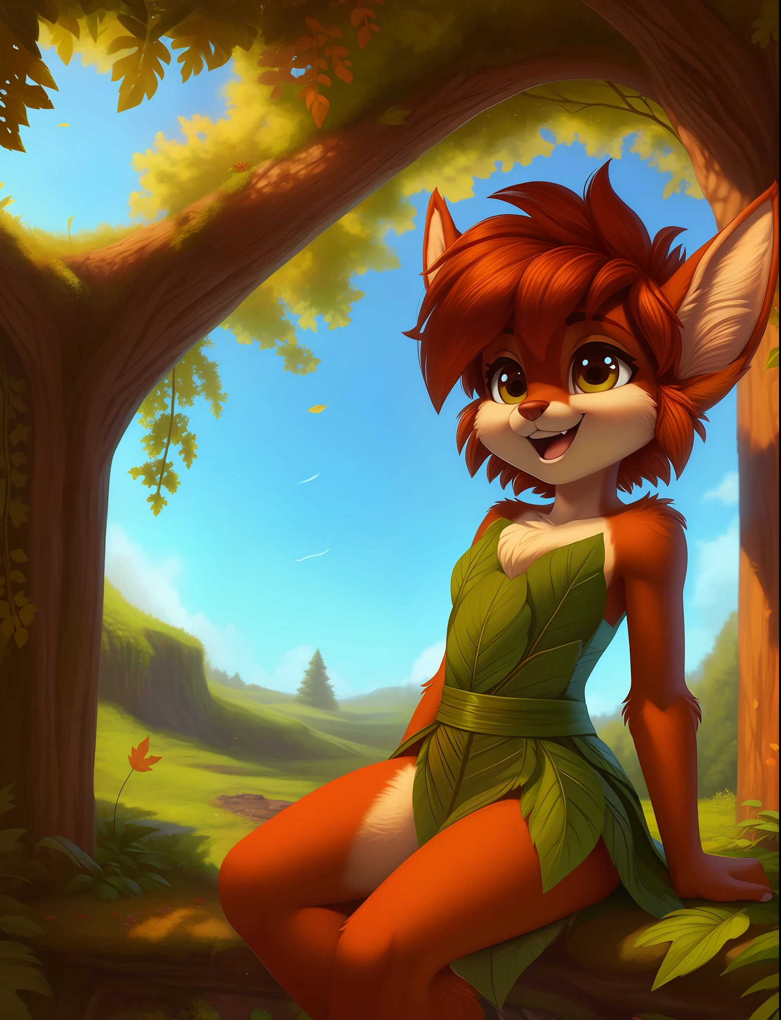 elora furry, detailed and extremely fluffy body fur, fluff, masterpiece, looking up beautiful surroundings, detailed background, happy, leaf-dress,