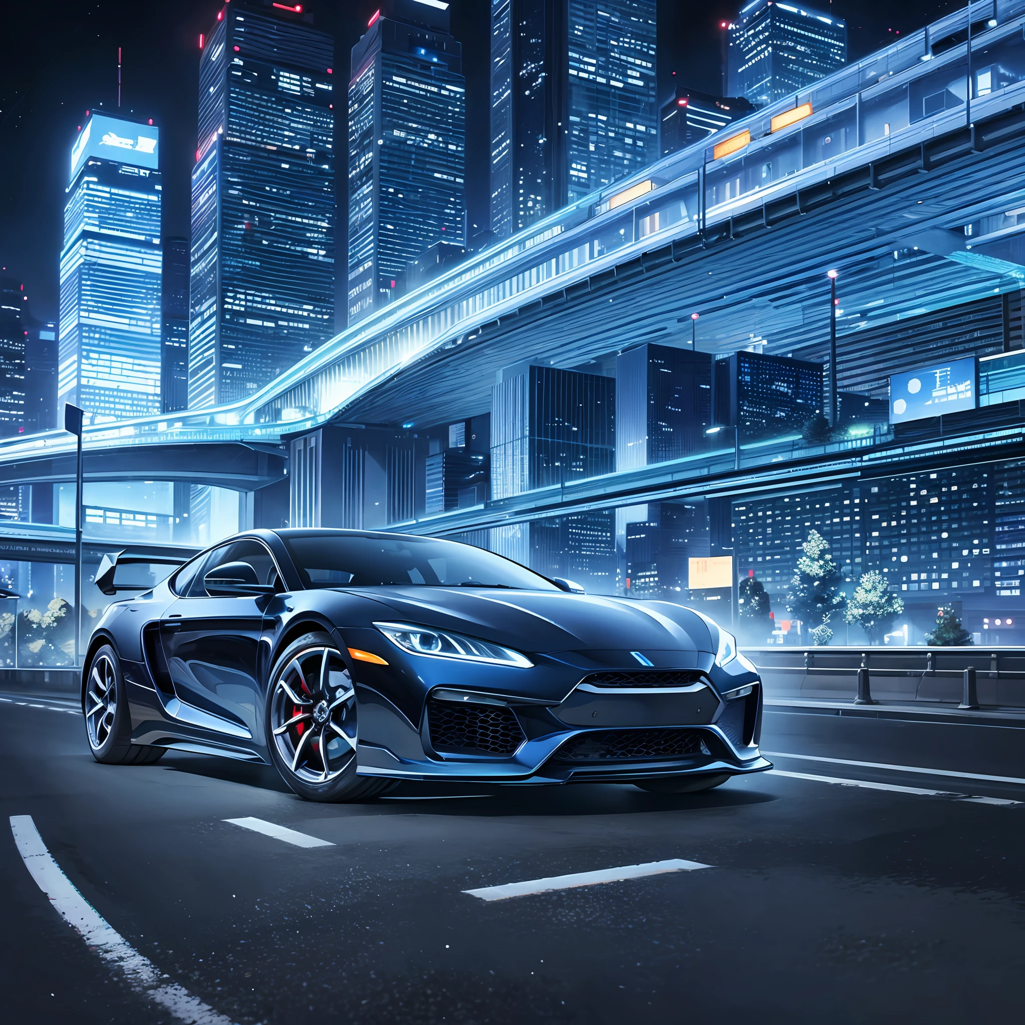 The engine in the car is glowing, behind it is the city line, dark blue, futuristic technology, sense of technology, there is light on the road --auto --s2