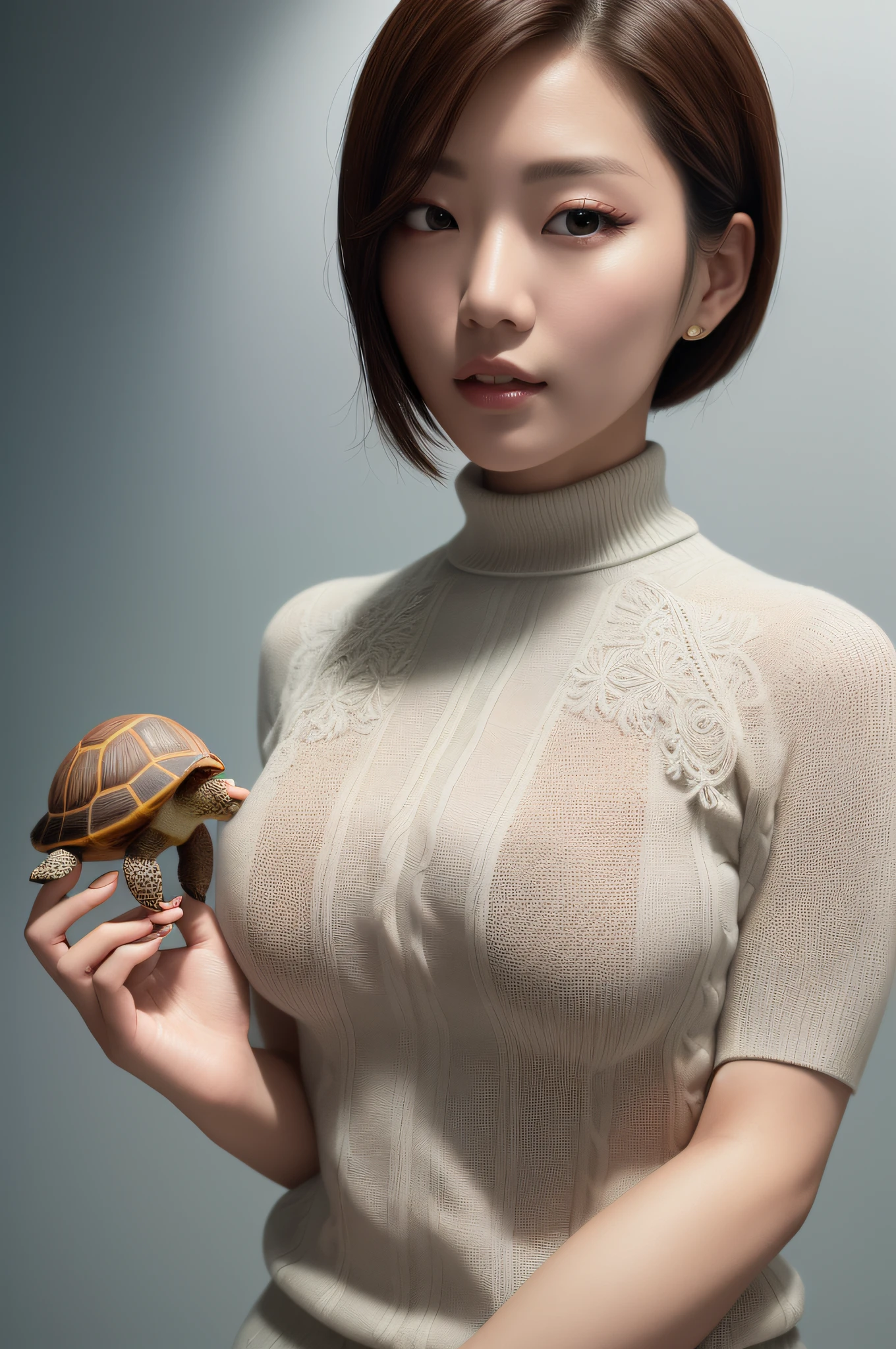 a K-pop idol wearing a turtle neck sweater,
(((masterpiece))), ((best quality)), ((intricate detailed)), ((Hyperrealistic)), absurd res, milf, mature woman, perspective, highly detailed, illustration, 1girl, ((large breasts)), perfect hands, detailed fingers, beautiful detailed eyes, short hair, brown eyes,(turtle neck:1.2), tight skirt, detailed background, choker, perfect eyes, seductive eyes, looking at the viewer, from front