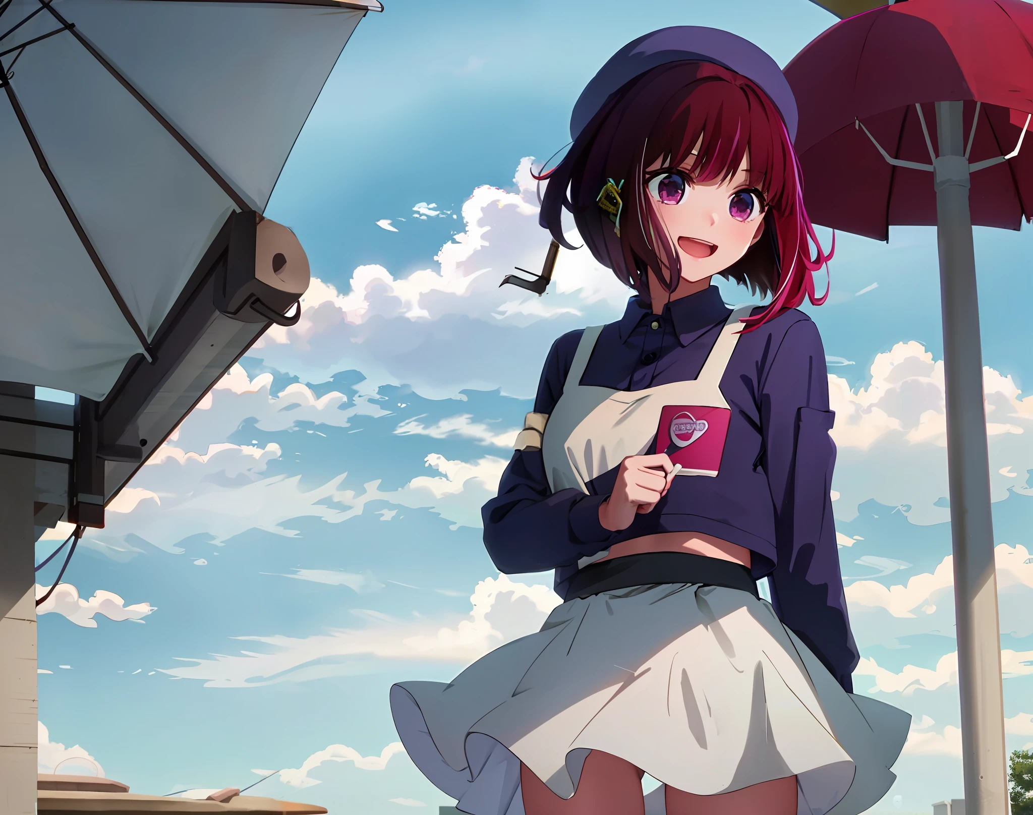 highres, best quality, ((solo)) masterpiece, high quality, 8k, beautiful lighting, kanaarima, 1girl, ((solo)), panties,, nsfw, (oshi_no_ko), 1girl, solo, ((red_swimsuit)), purple eyes, smile, hair ornament, looking at viewer, open mouth, purple hair, bangs, hair flower, one side up, flower, sketch, blush, teeth, scrunchie, full body, ((holding_ice_cream)), ((1girl)), ((solo)), multicolored hair, purple eyes, grey, upper body, long sleeves, (badge on hat), ice cream, looking at viewer, symbol-shaped pupils, looking at viewer, details eyes, ((umbrella)), (sit), ((Directly facing the audience)), absurdres, ((cowboy shot)), beach,