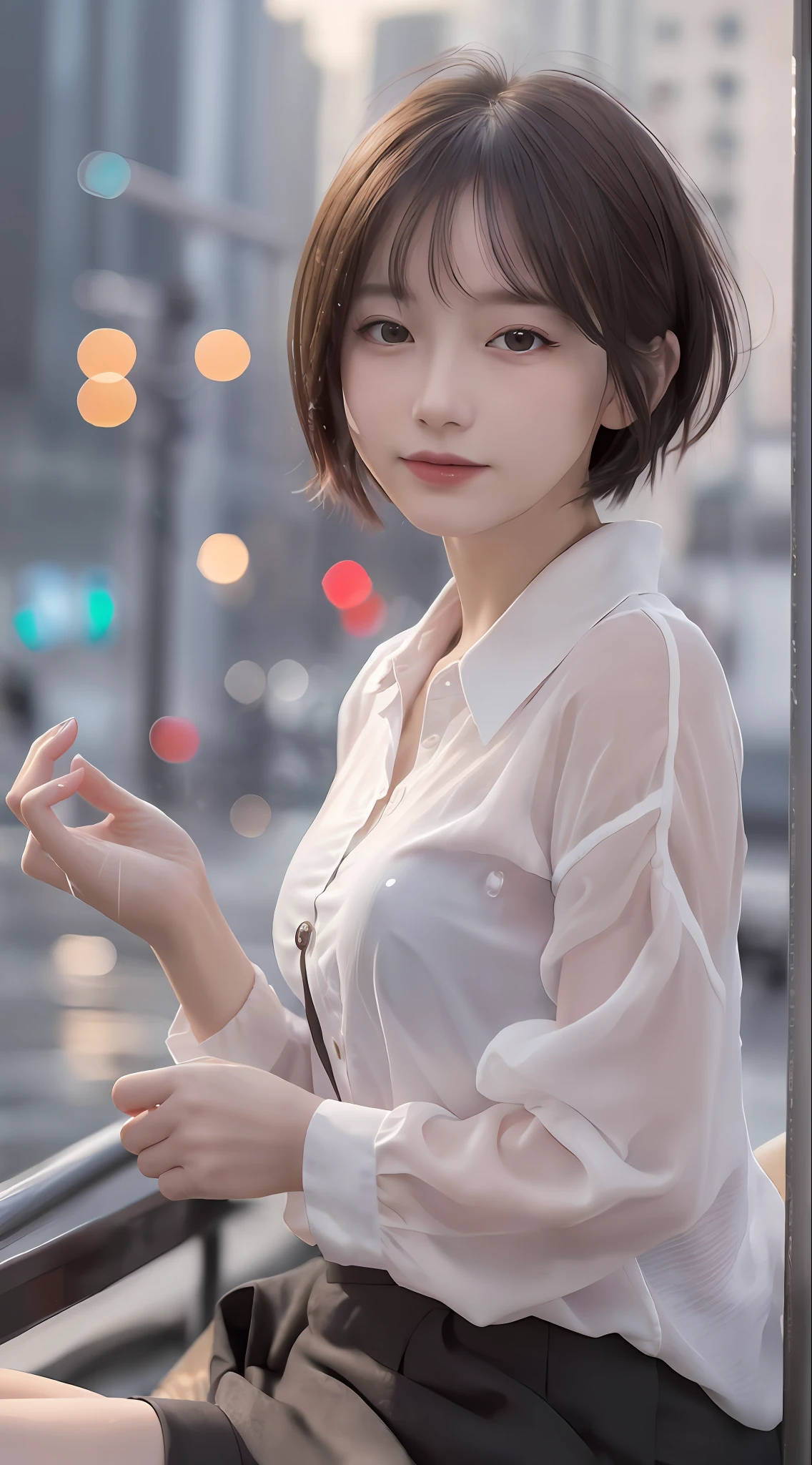 (8K, Top Quality, Masterpiece: 1.2), (Realistic, Photorealistic: 1.37), Super Detailed, 1 Girl, Cute, Solo, Beautiful Details Sky, More Cafe, Night, Sitting, Date, (Blush), (Smile: 1.15), Small Breasts (Mouth Closed), Beautiful Detail Eyes, (Shirt with Collar: 1.1), Night, Wet, Business Clothes, Rain, White Lace, (Short Hair: 1.2), floating hair novafrog style、、、、 topless,