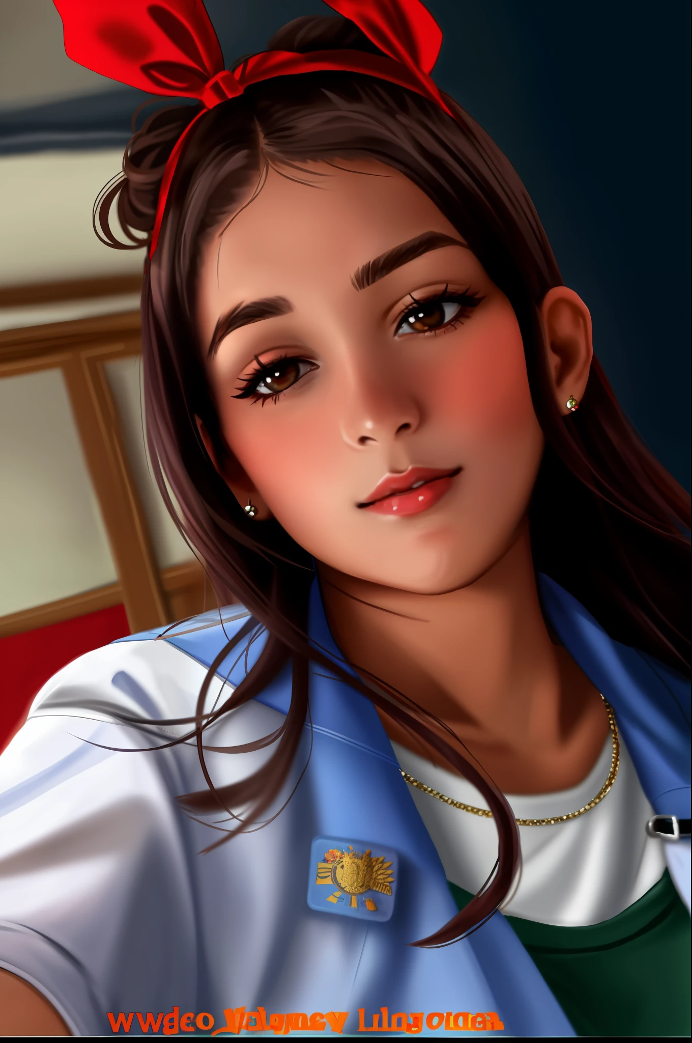 there is a woman with a red headband on taking a selfie, very very low quality picture, selfie of a young woman, frontal picture, 19-year-old girl, low quality photograph, low quality photo, estefania villegas burgos, 30-year-old woman from cuba, profile image, thick bushy straight eyebrows