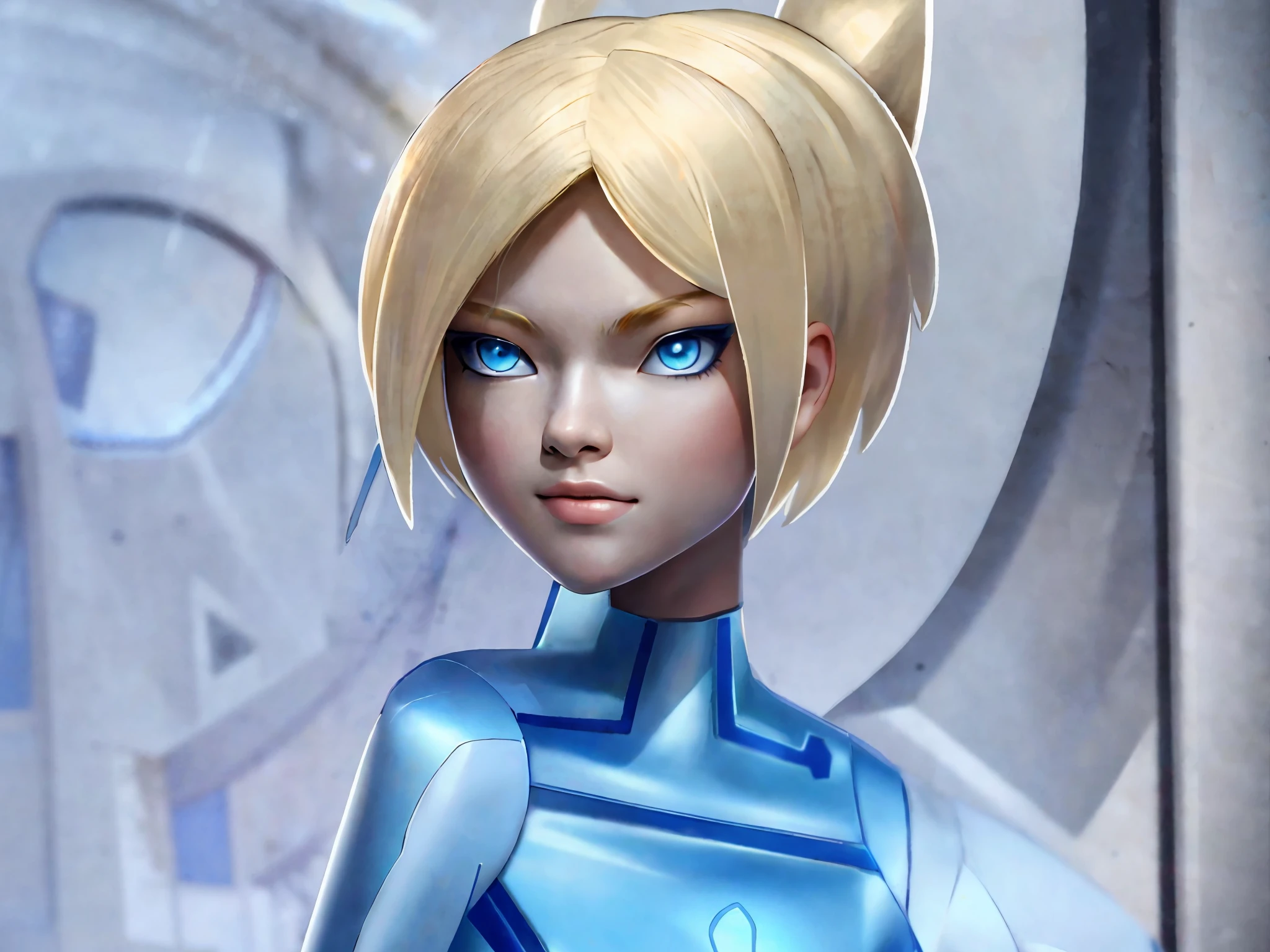 Transformer in a real human closeup of an 18-year-old girl with Asian features with blonde hair and blue eyes