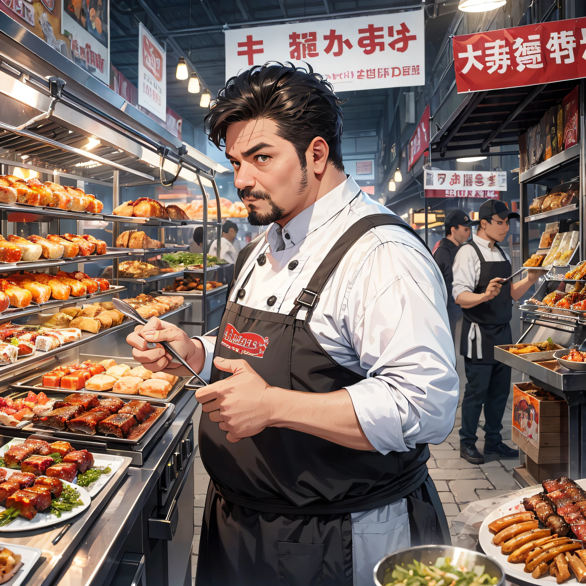 Ridiculous resolution, high resolution, (masterpiece: 1.4), hyper-detail, night, barbecue in front of food stall, middle-aged fat man dressed up as chef, impatient expression