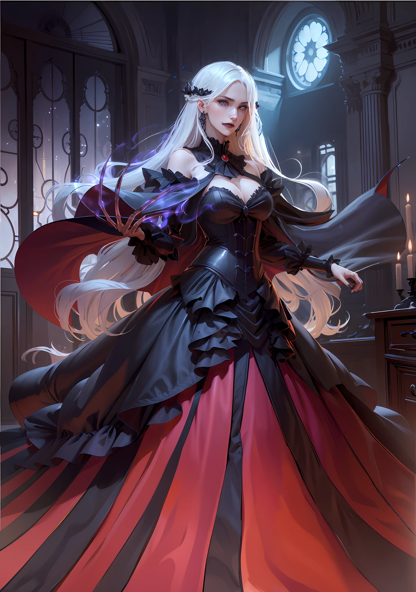 absurd resolution, high resolution, reflection, refraction:1.4 ultra-detailed:1.0 (illustration, line drawing), masterpiece, vampire, long hair, blonde, european face, scarlet ball gown, kiss shot, 30 years old, adult, old, gloomy atmosphere, dark room, white hair, detalized face