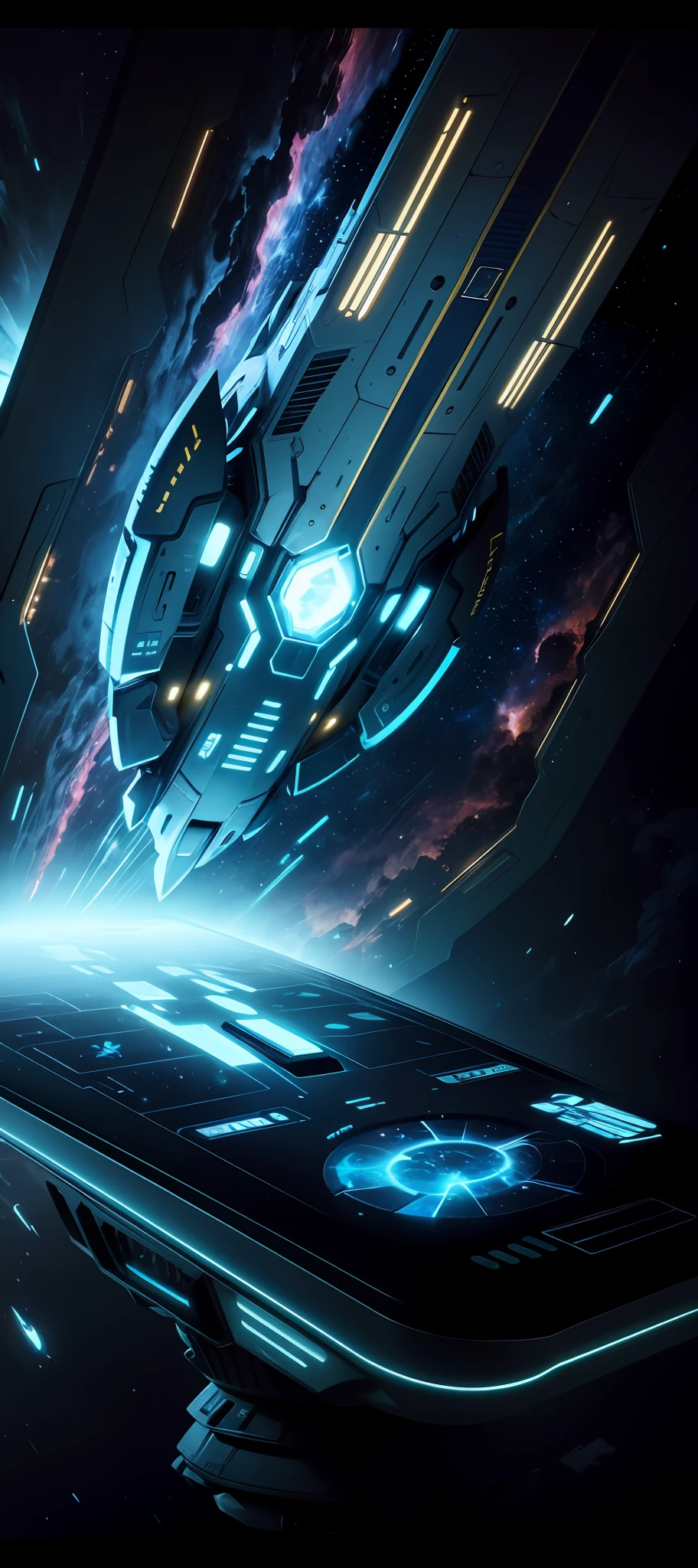 ProtossAI, no one, technology, close-up, sci-fi scenes, high resolution, cosmos, spaceship flying out of the phone, --auto --s2