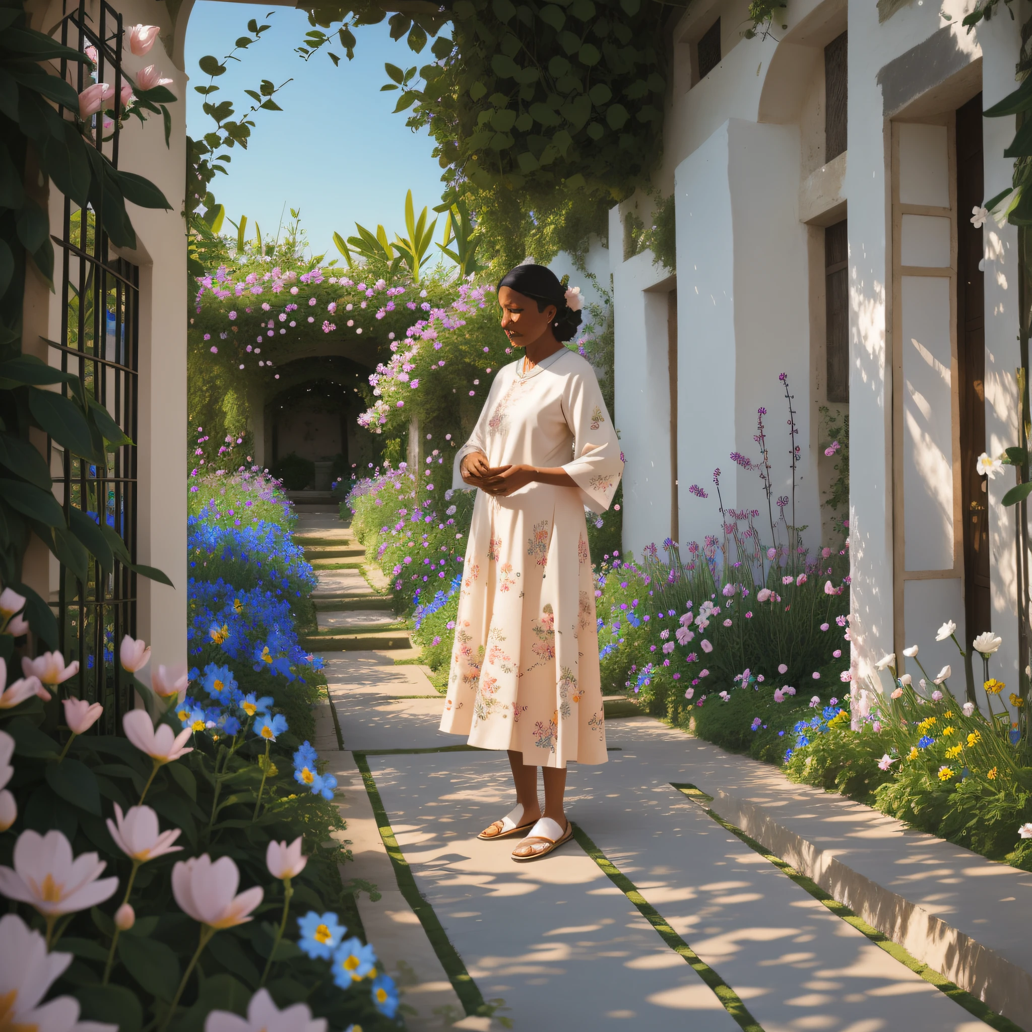 In a fragrant garden, the blind woman is standing with her arms outstretched, gently touching the petals of the flowers she encounters, connecting with nature and the sweet blue flowers.