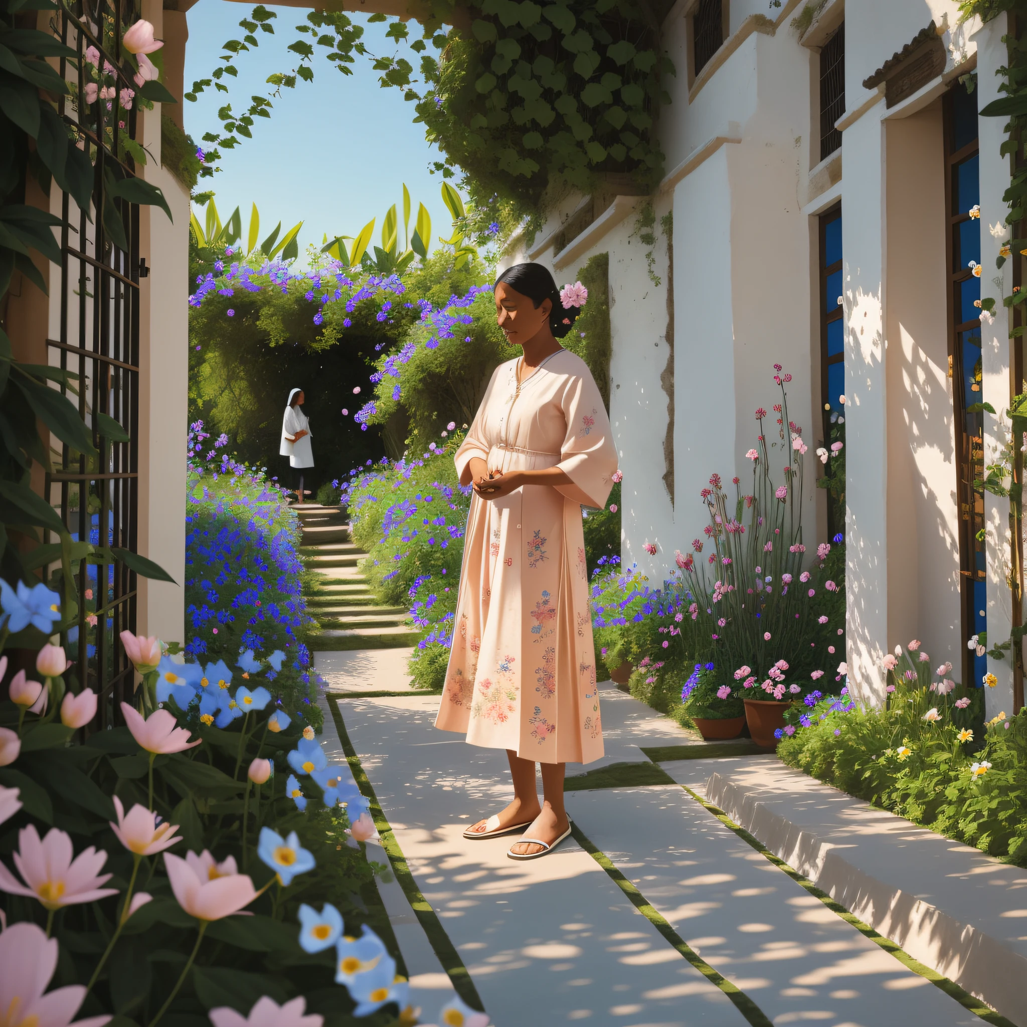In a fragrant garden, the blind woman is standing with her arms outstretched, gently touching the petals of the flowers she encounters, connecting with nature and the sweet blue flowers.